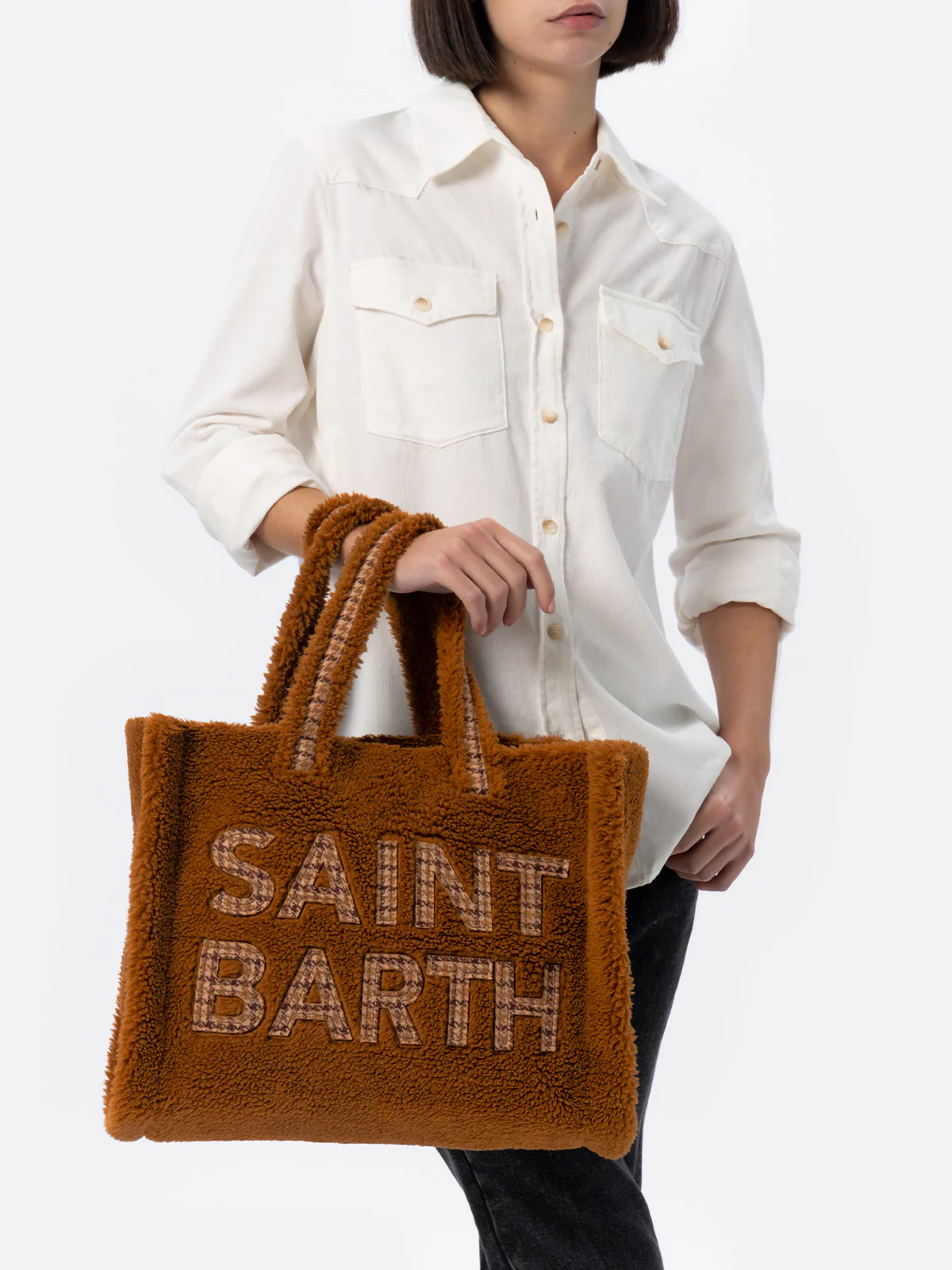 Brown teddy Soft Bag with Saint Barth checkered logo - Image 6