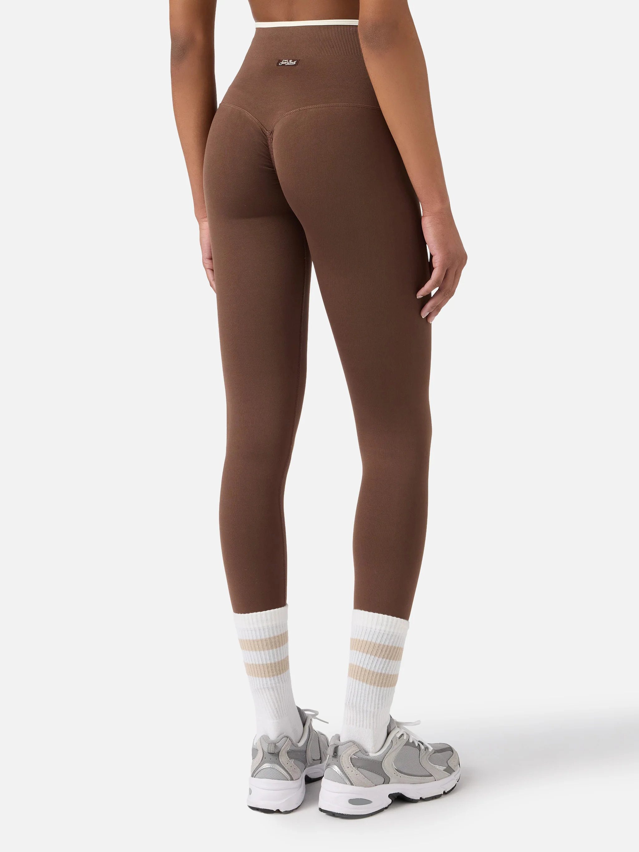 Brown Vega technical fabric sports leggings with contrast trim - Image 4
