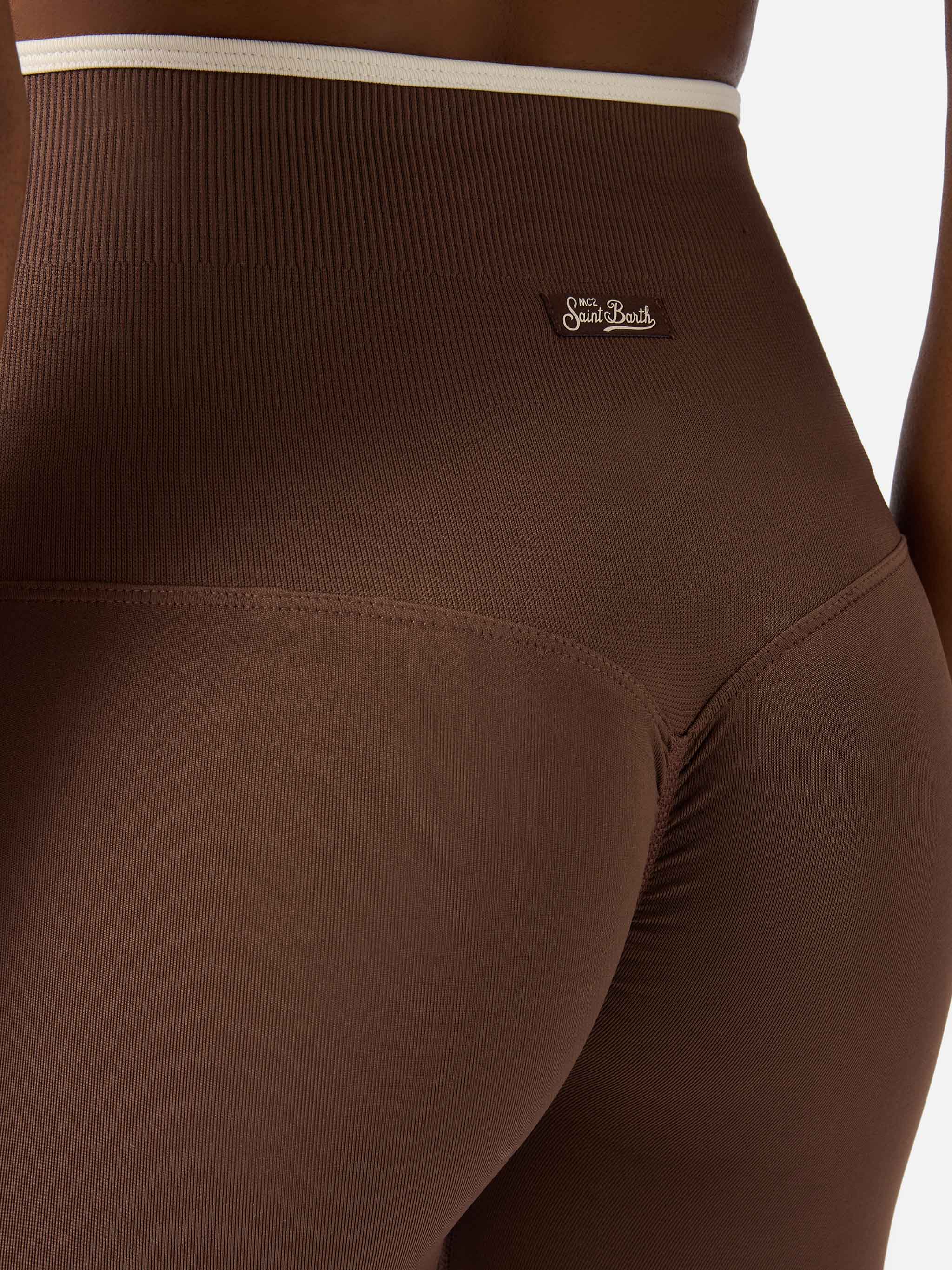 Brown Vega technical fabric sports leggings with contrast trim - Image 5