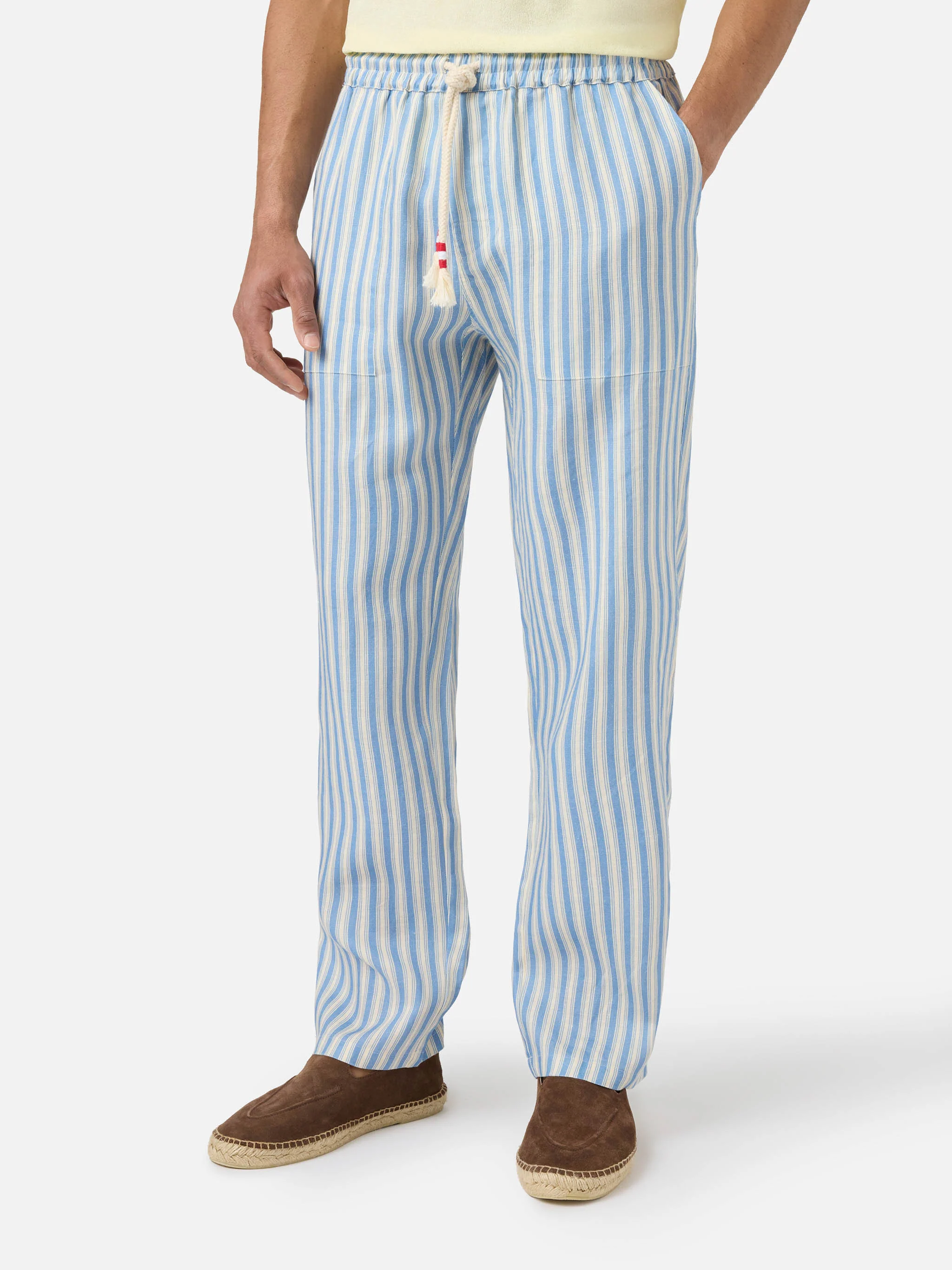 Calais long linen pants with cream and light blue stripes - Image 2