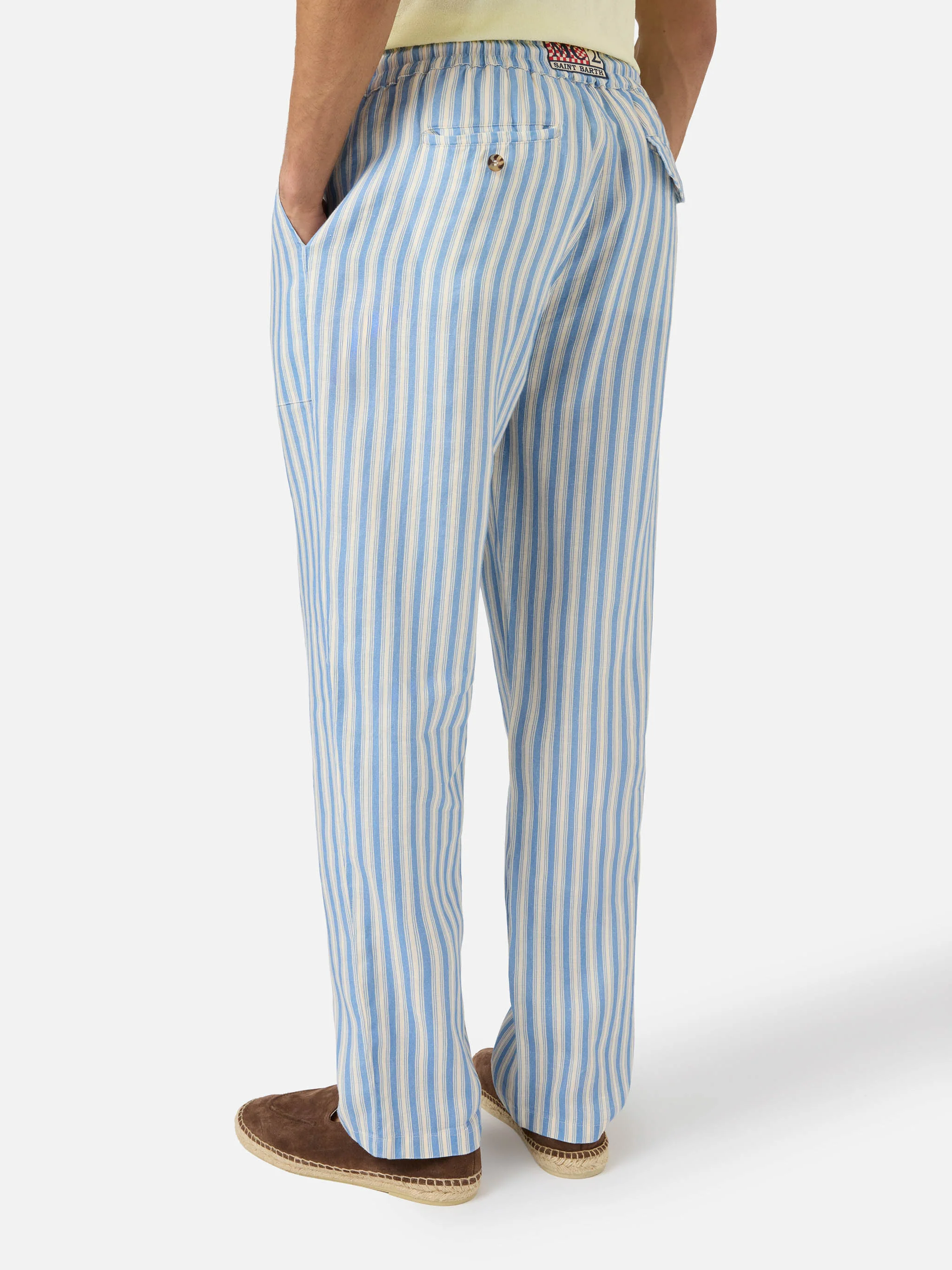 Calais long linen pants with cream and light blue stripes - Image 4