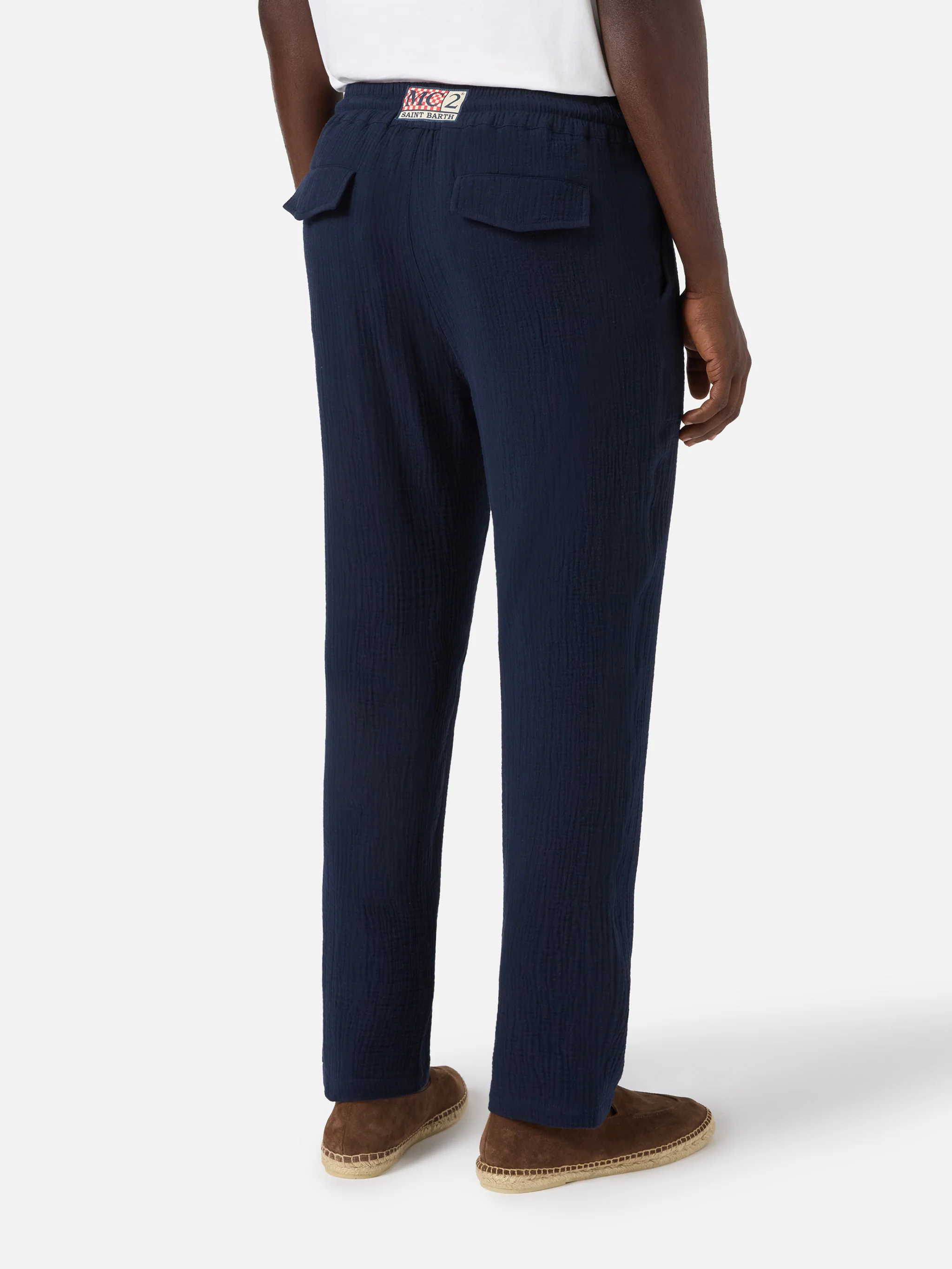 Calais long pants in crinkled pure cotton gauze navy blue - Image 2