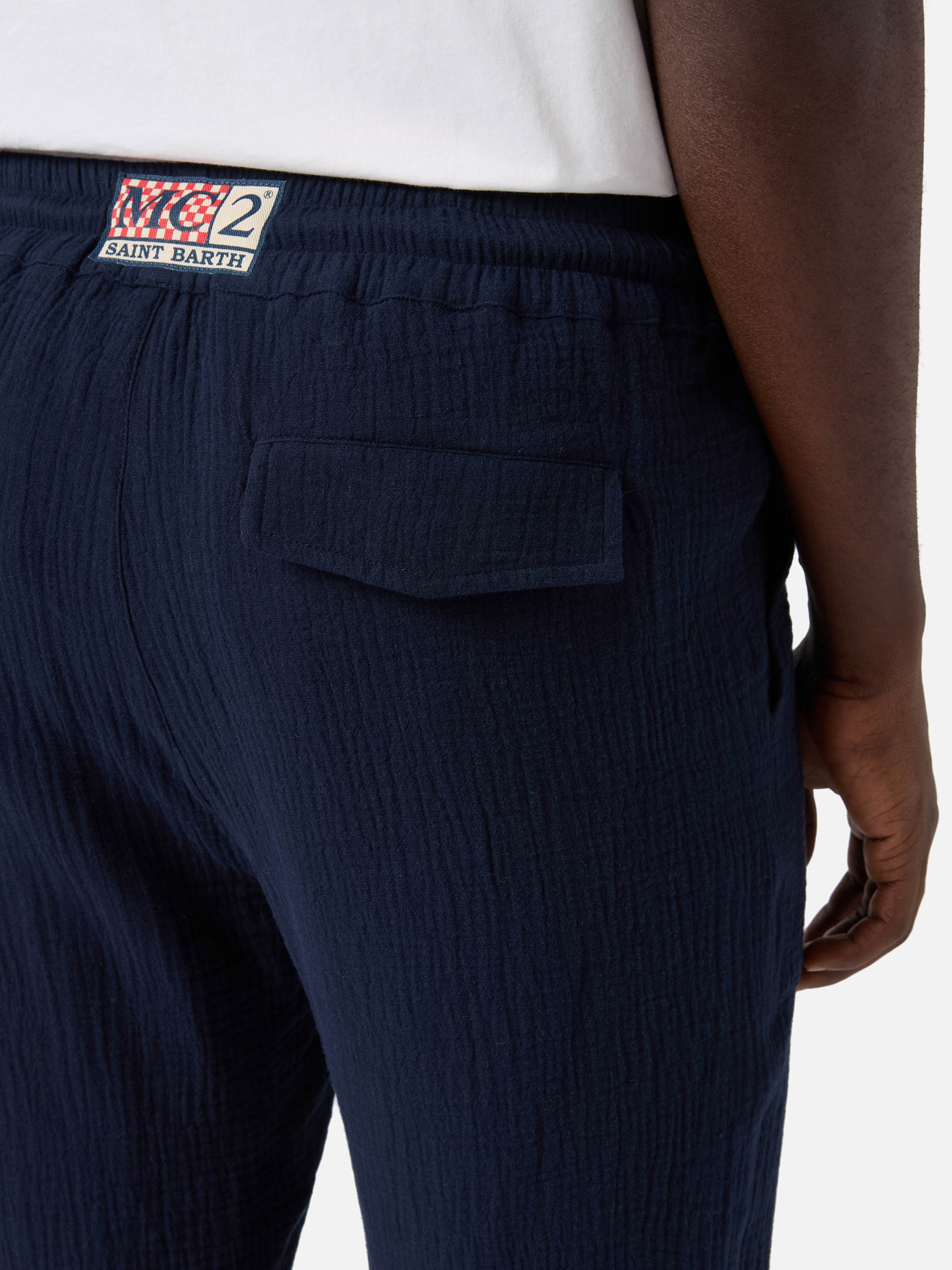 Calais long pants in crinkled pure cotton gauze navy blue - Image 3