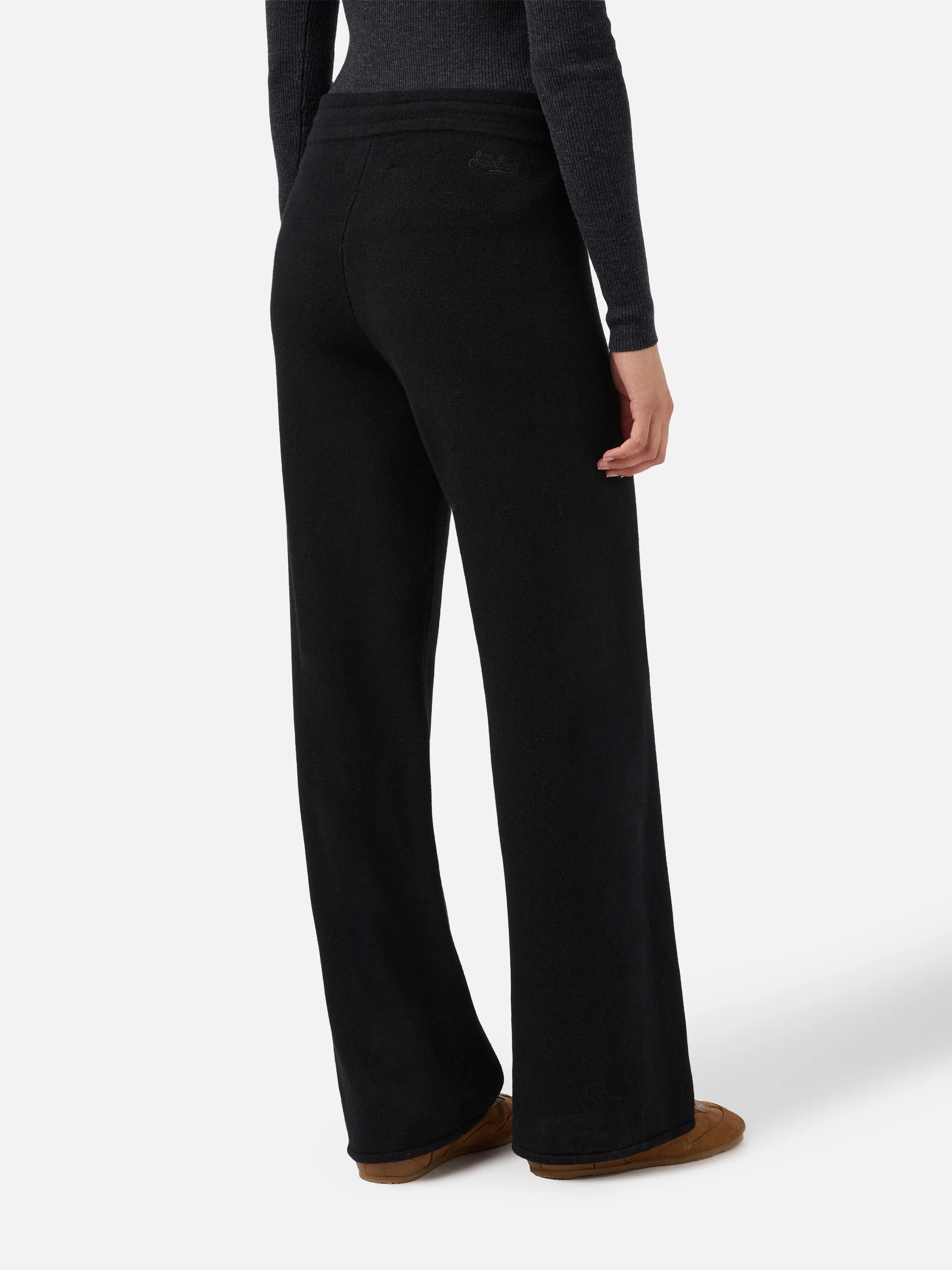 Cambon palazzo trousers in pure wool black high waist with drawstring - Image 3