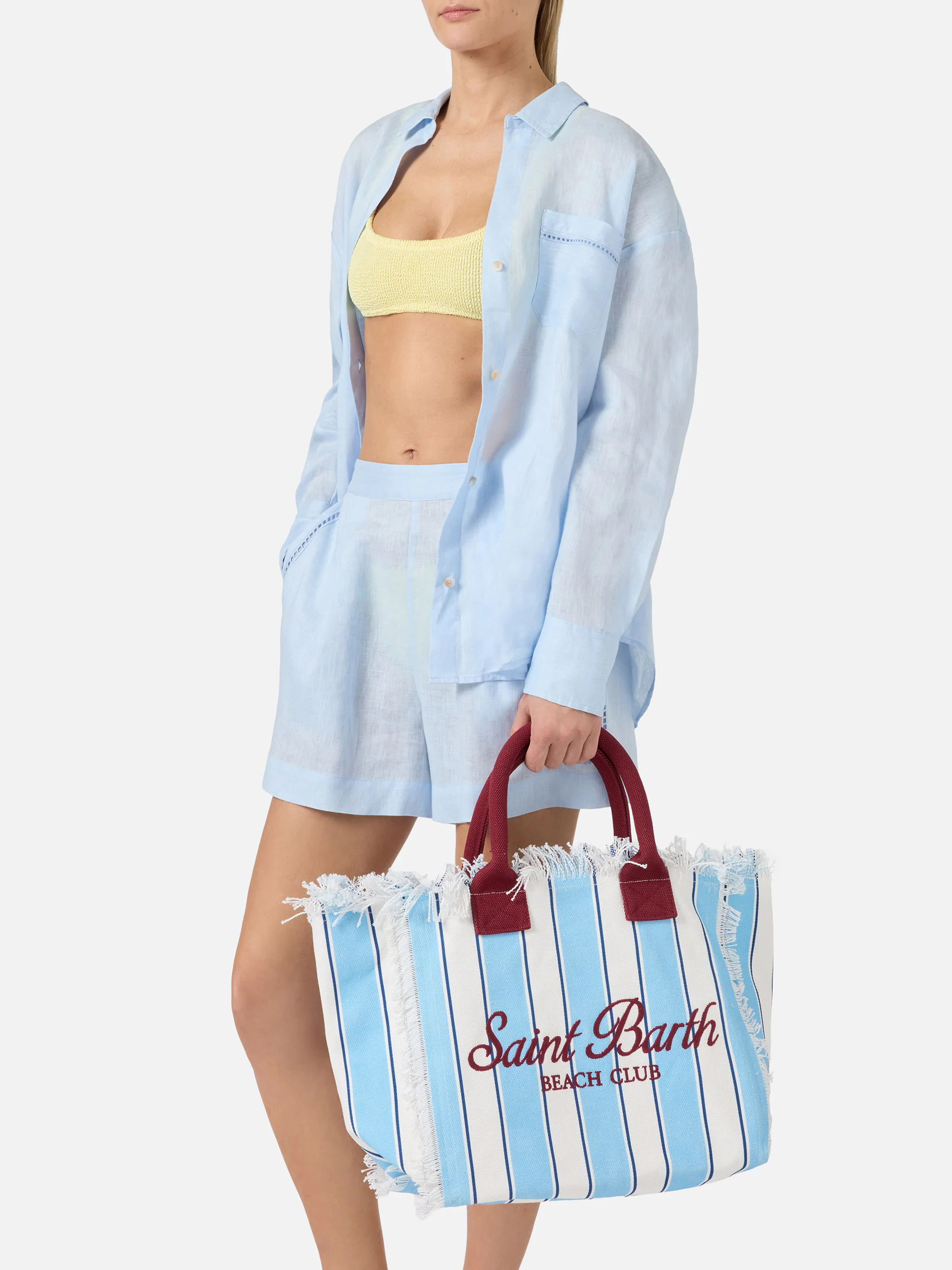 Canvas Vanity regular bag with light blue stripes and bordeaux details - Image 2