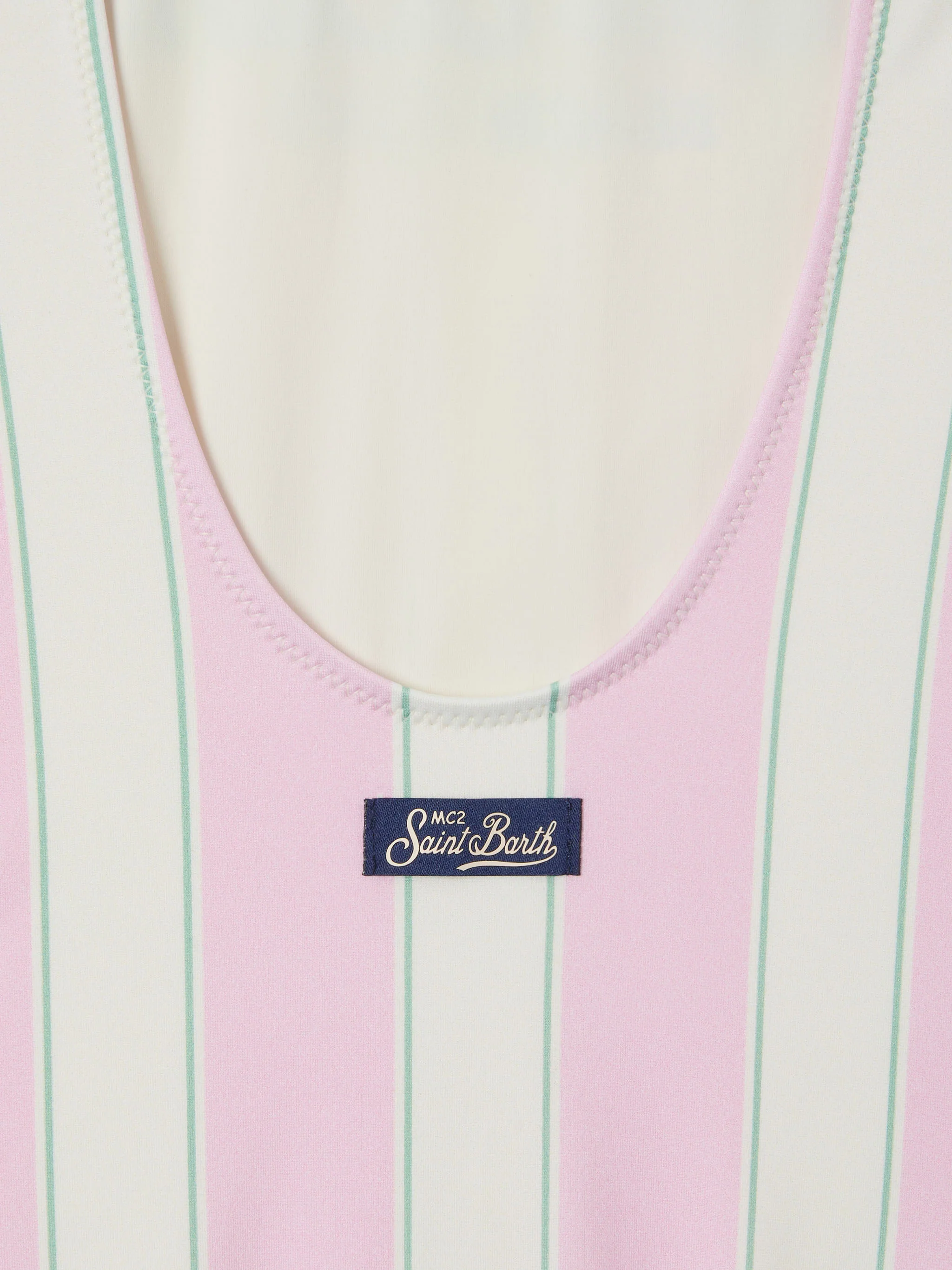 Cara pink and white striped one-piece swimsuit with Beach Club print - Image 3