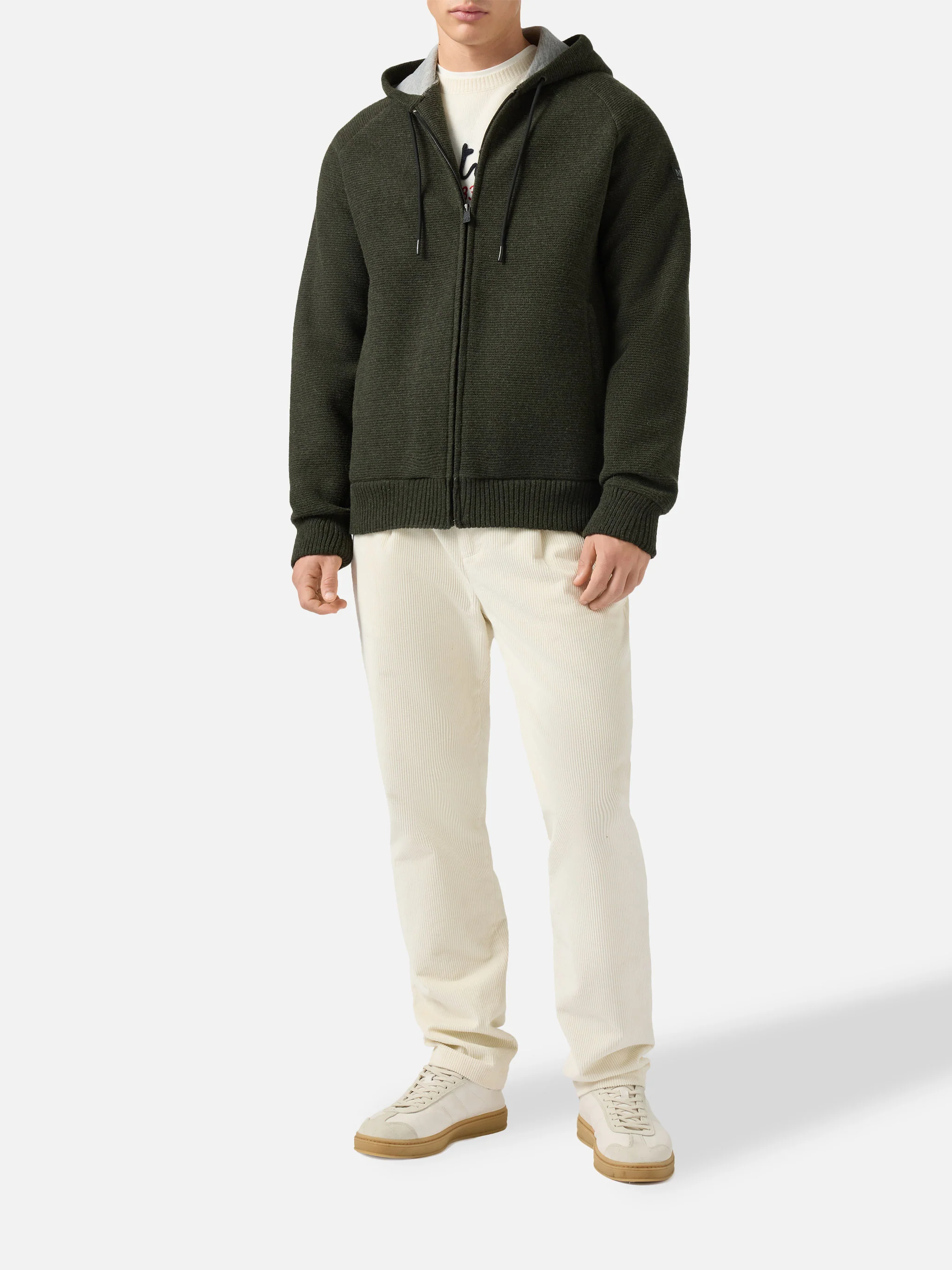 Carrell knit jacket with zip and hood in military green - Image 2