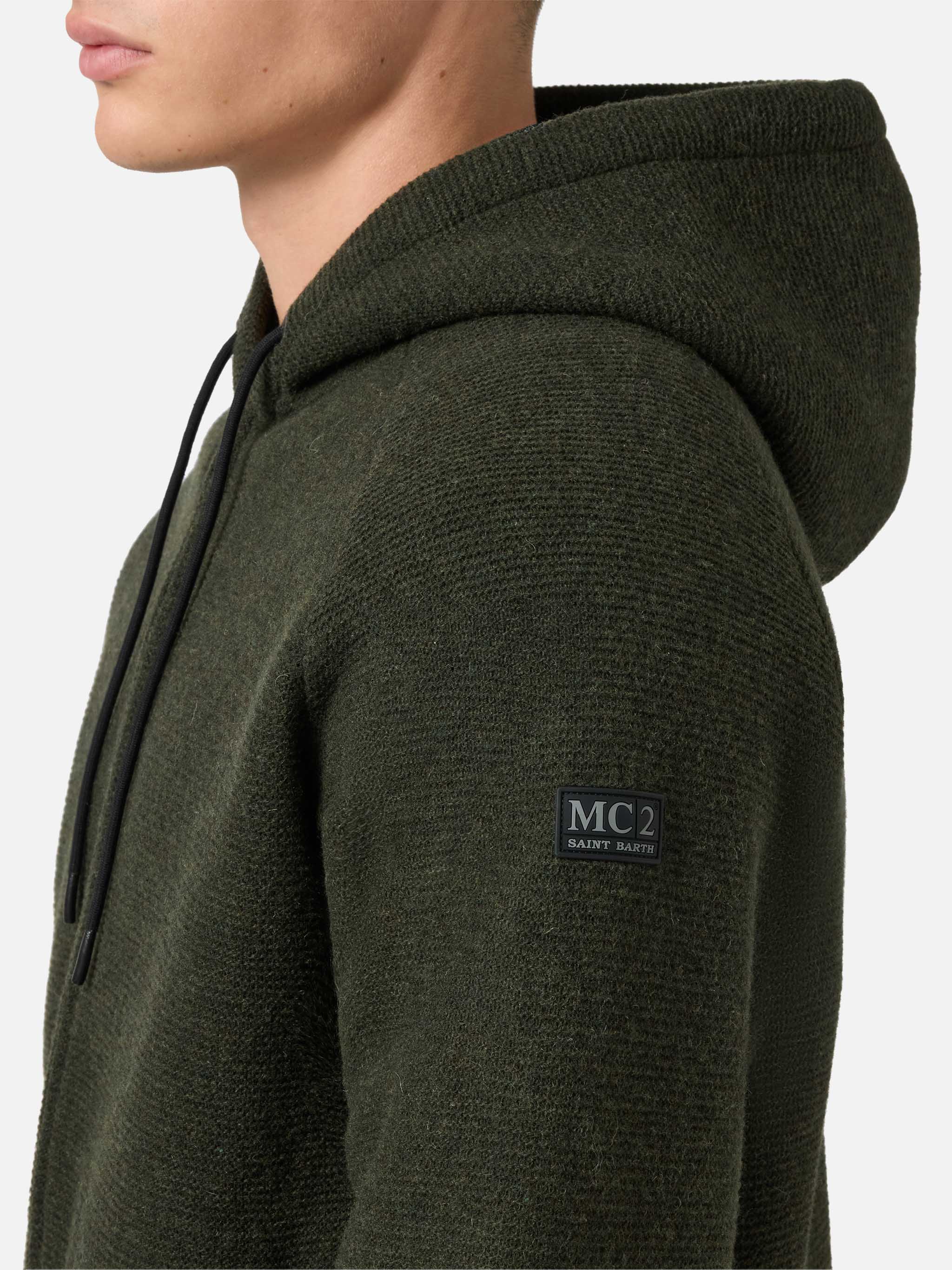 Carrell knit jacket with zip and hood in military green - Image 3