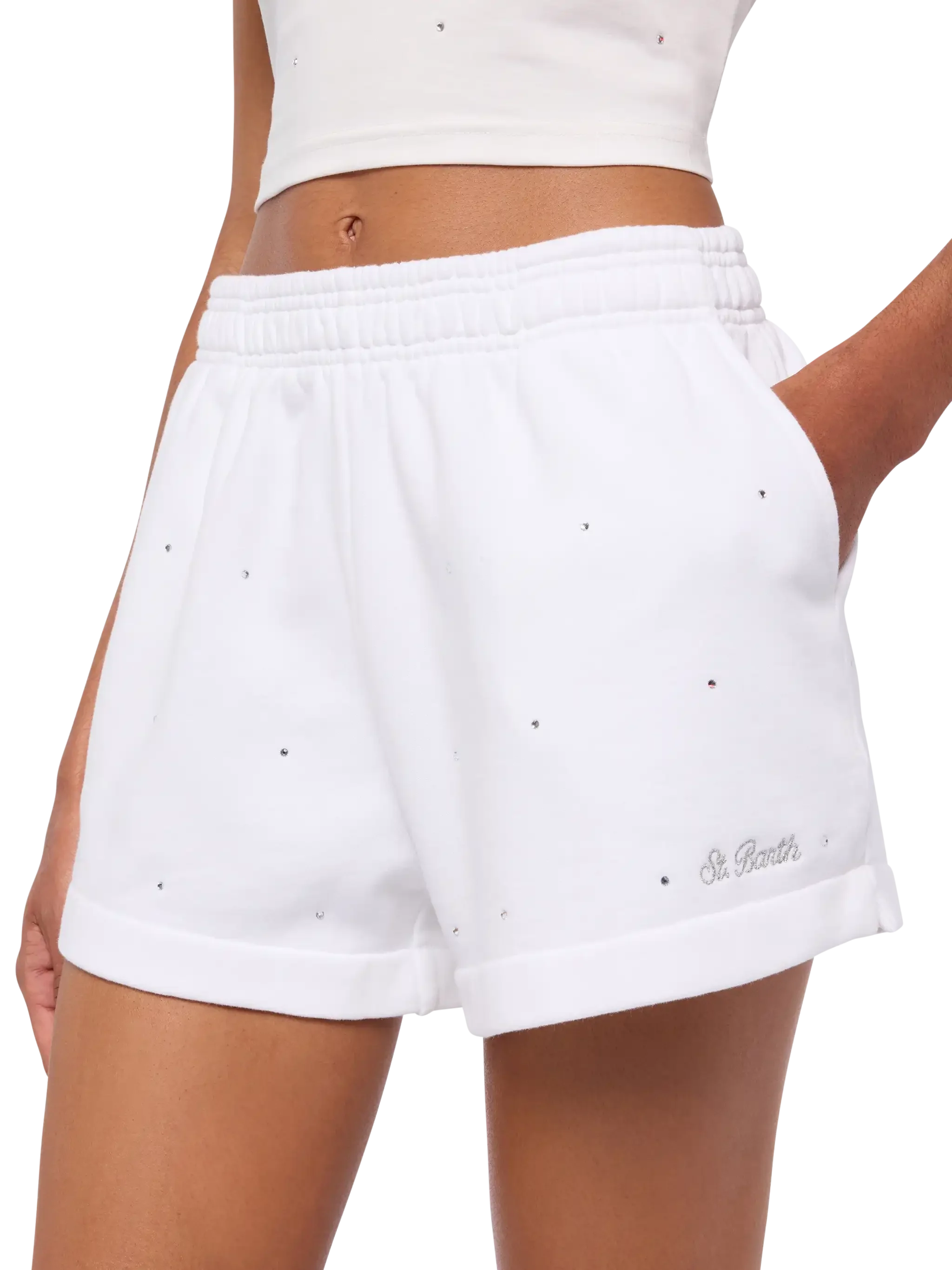 Cate white cotton pull up shorts with striped rhinestone embellishment - Image 4
