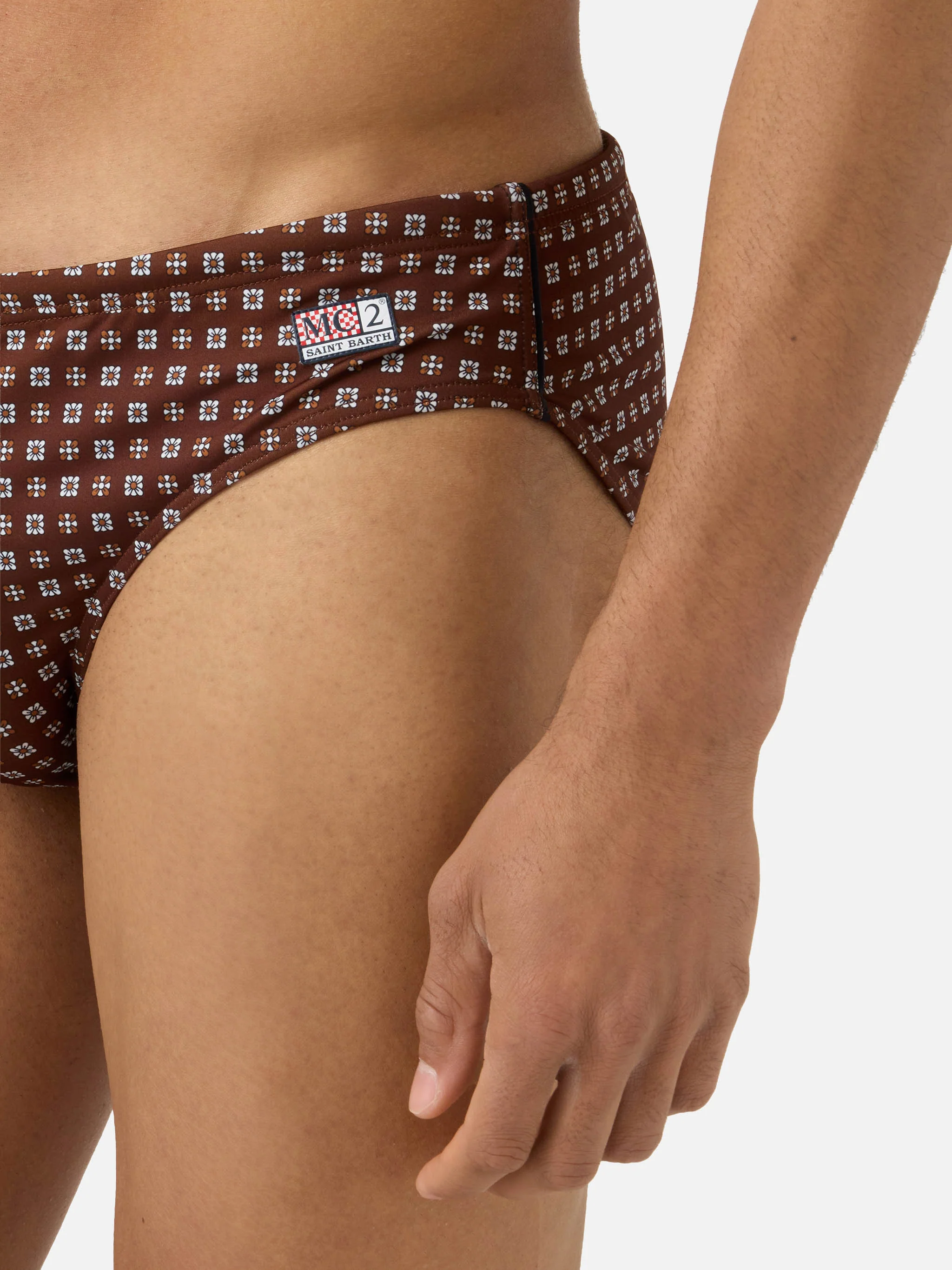 Cayo brown solid swim briefs with geometric print - Image 4