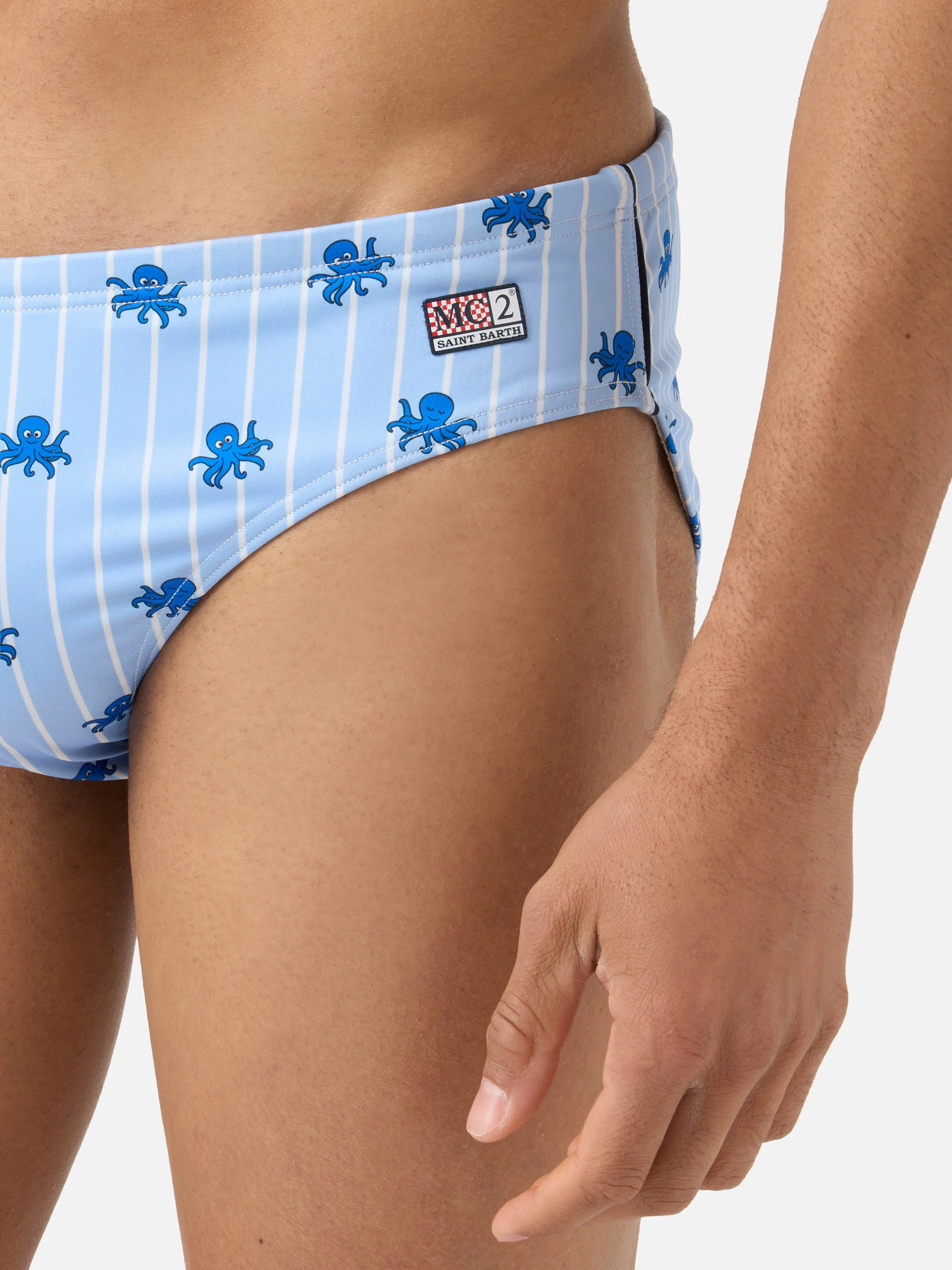 Cayo light blue striped swim briefs with octopus print - Image 4