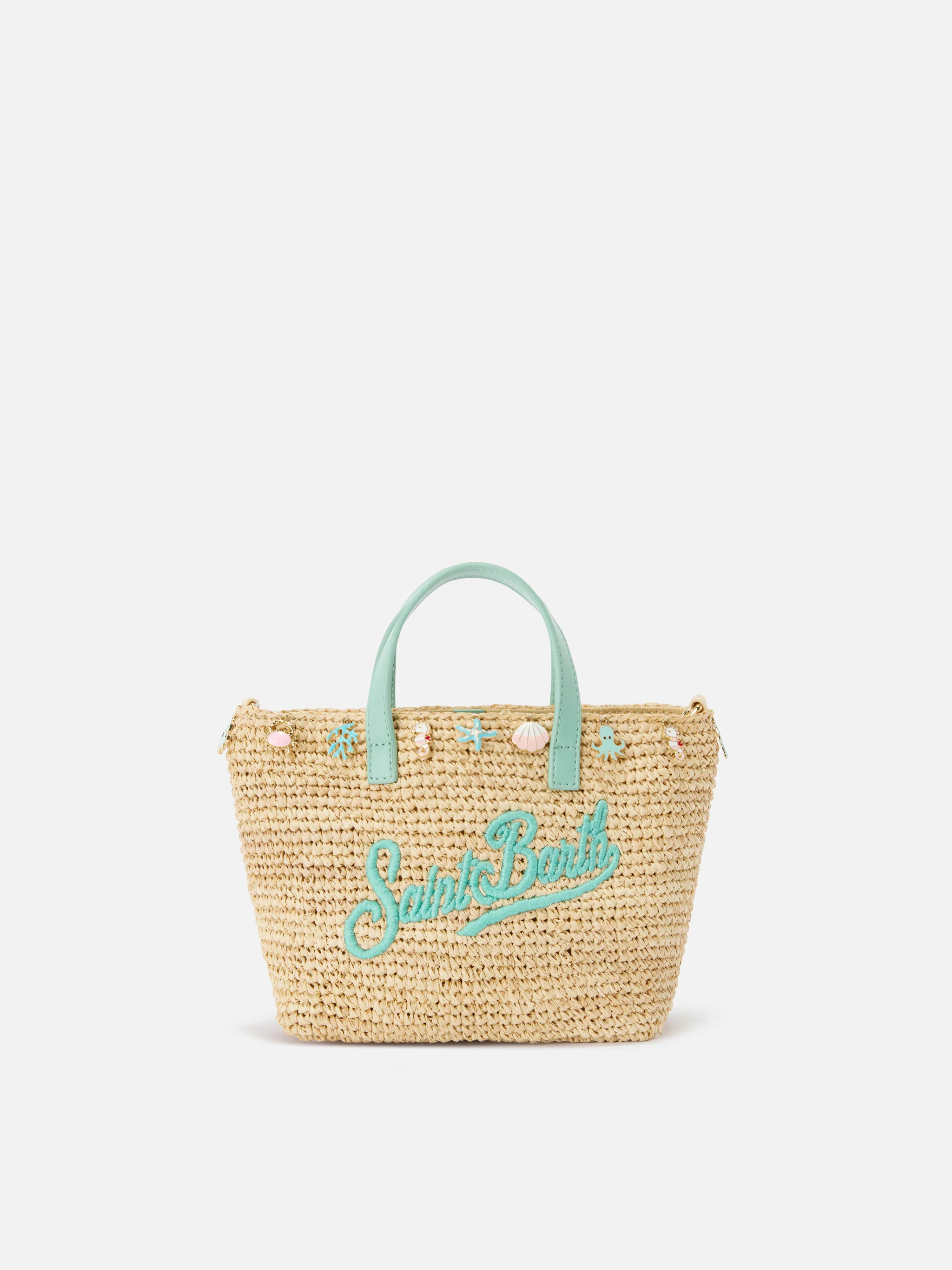 City mini raffia bag with applied charms and embroidered logo