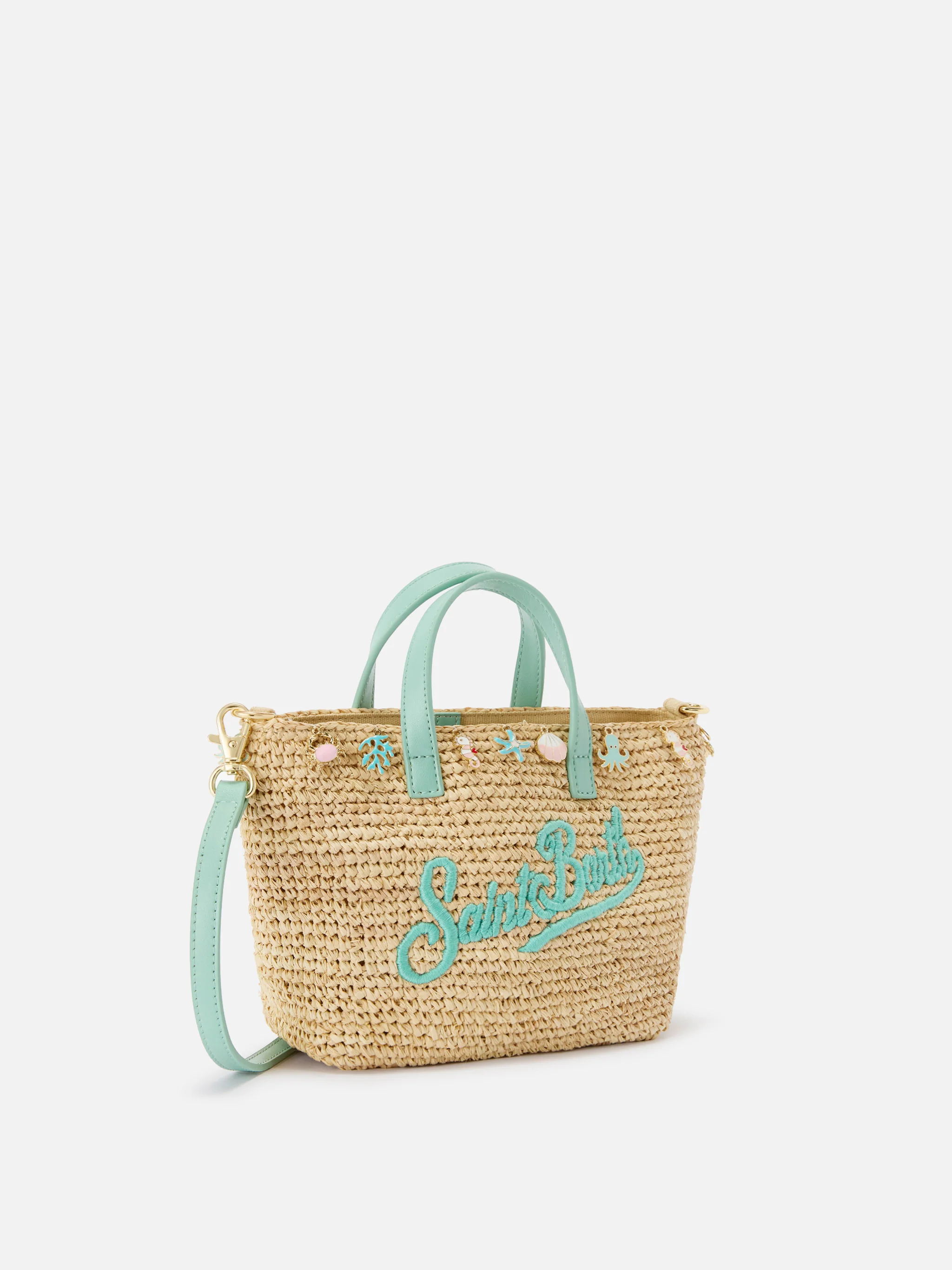 City mini raffia bag with applied charms and embroidered logo - Image 3