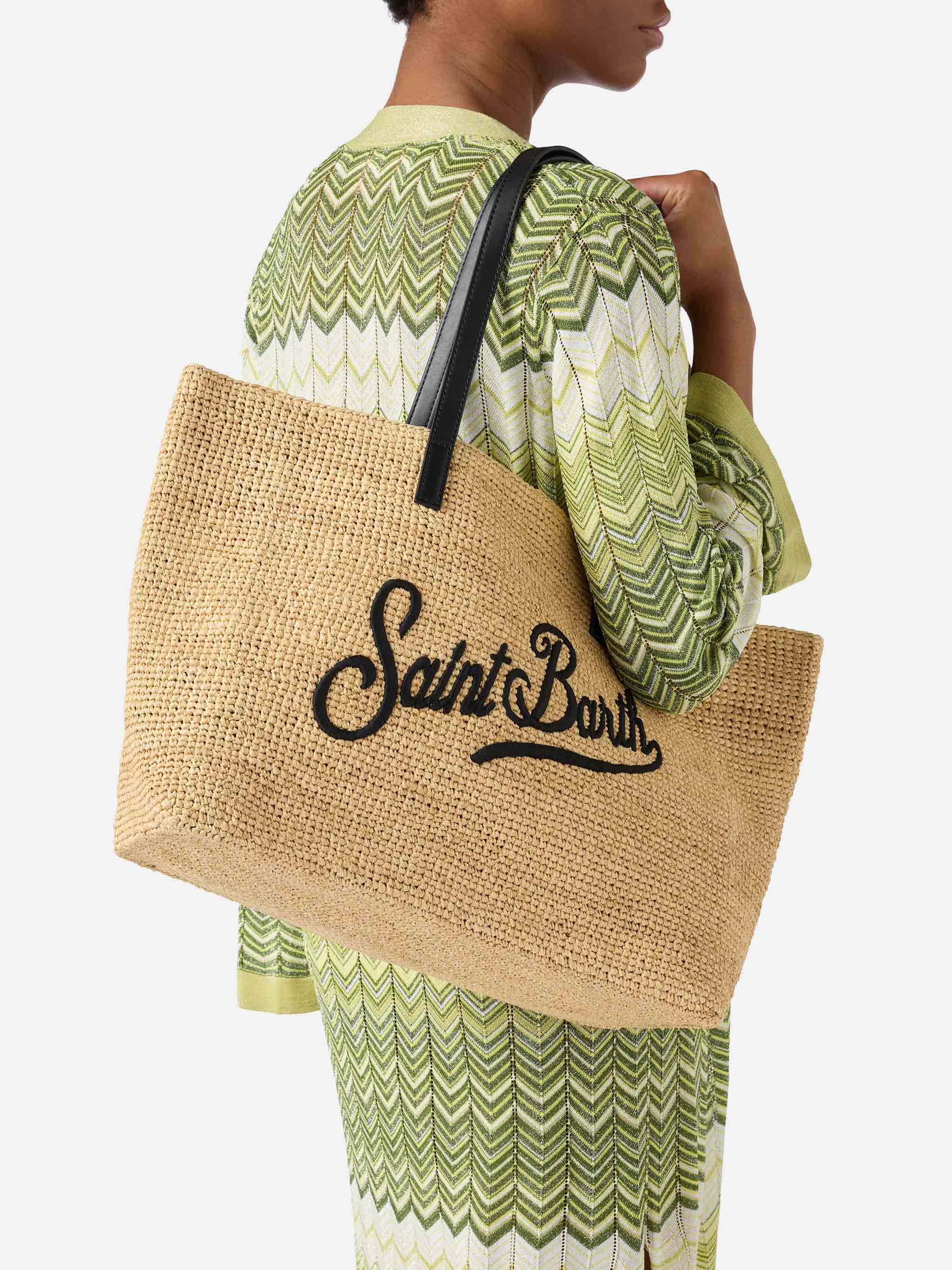 City raffia bag with contrasting black embroidered logo - Image 2