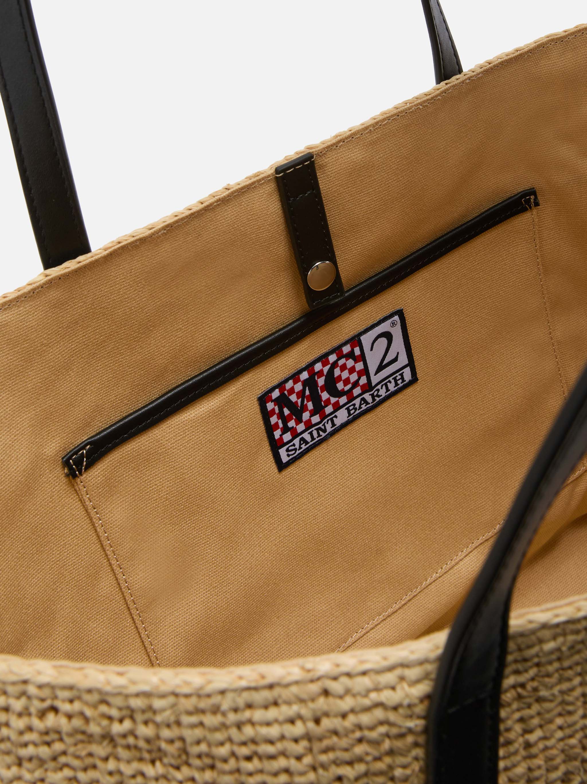 City raffia bag with contrasting black embroidered logo - Image 5