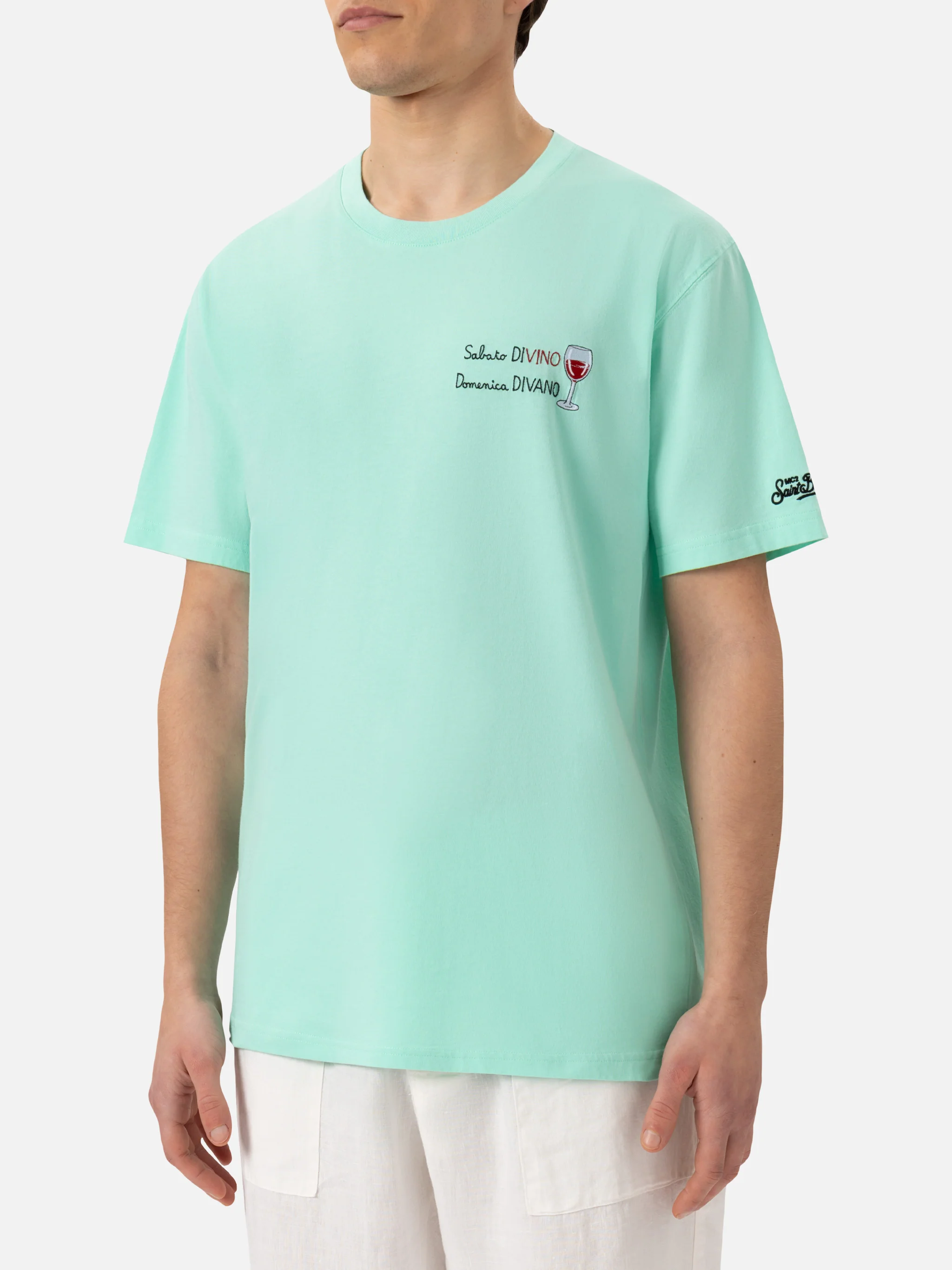 Classic fit cotton jersey t-shirt Portofino with Sabato Divino Domenica Divano embroidery - Image 3