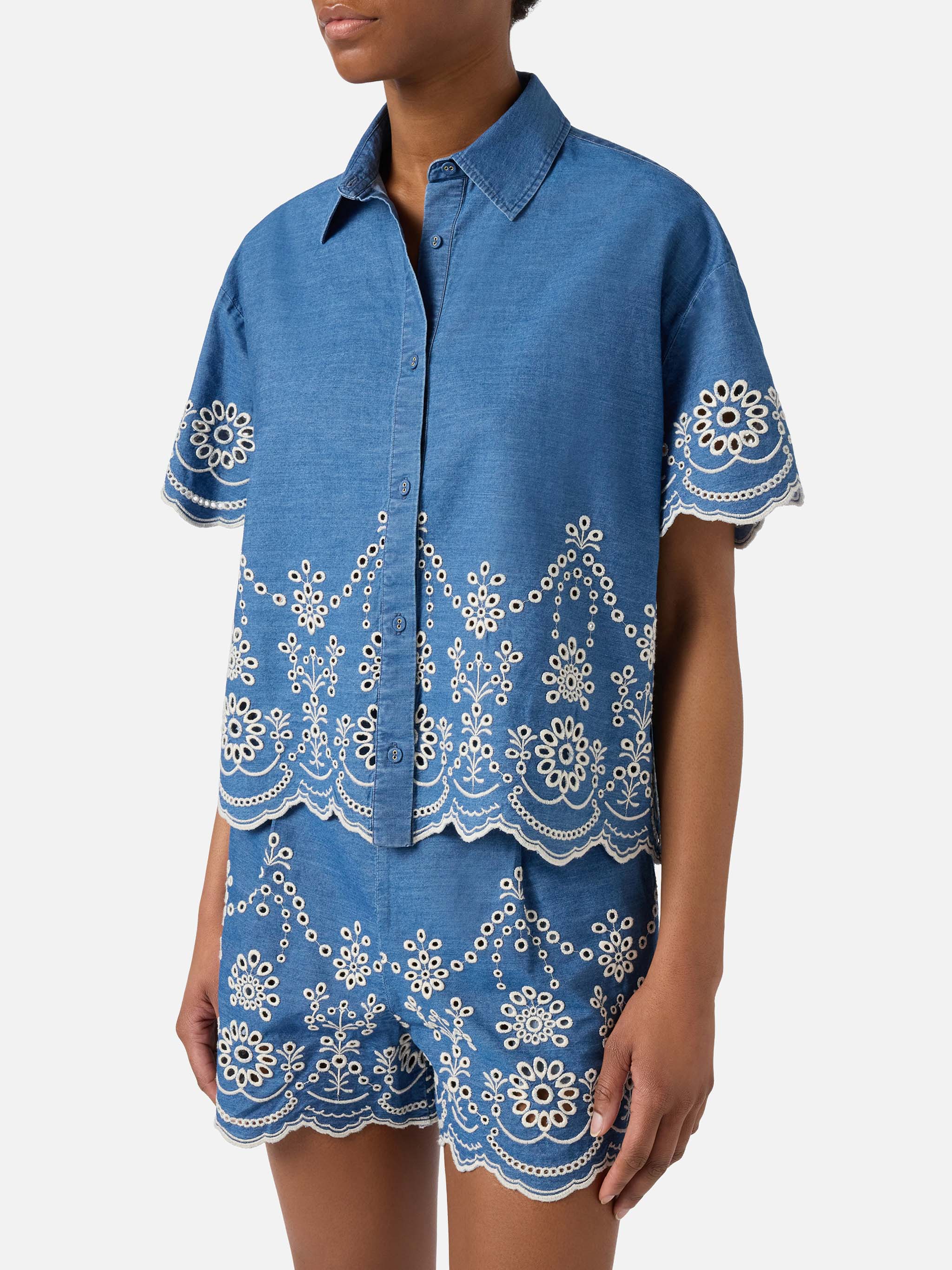 Clementine chambray shirt with floral embroidery