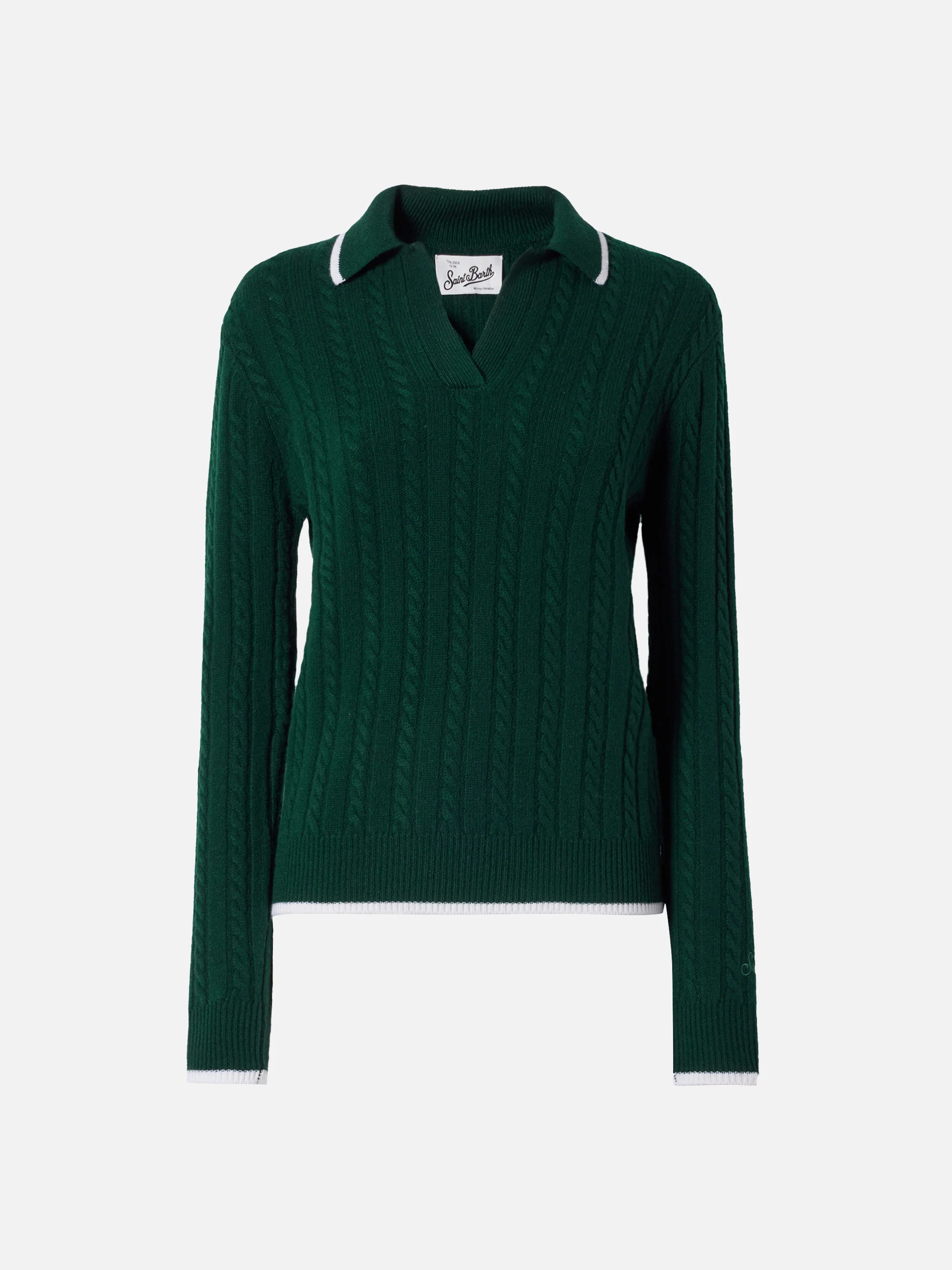 Clichy cable-knit wool polo in British green - Image 6