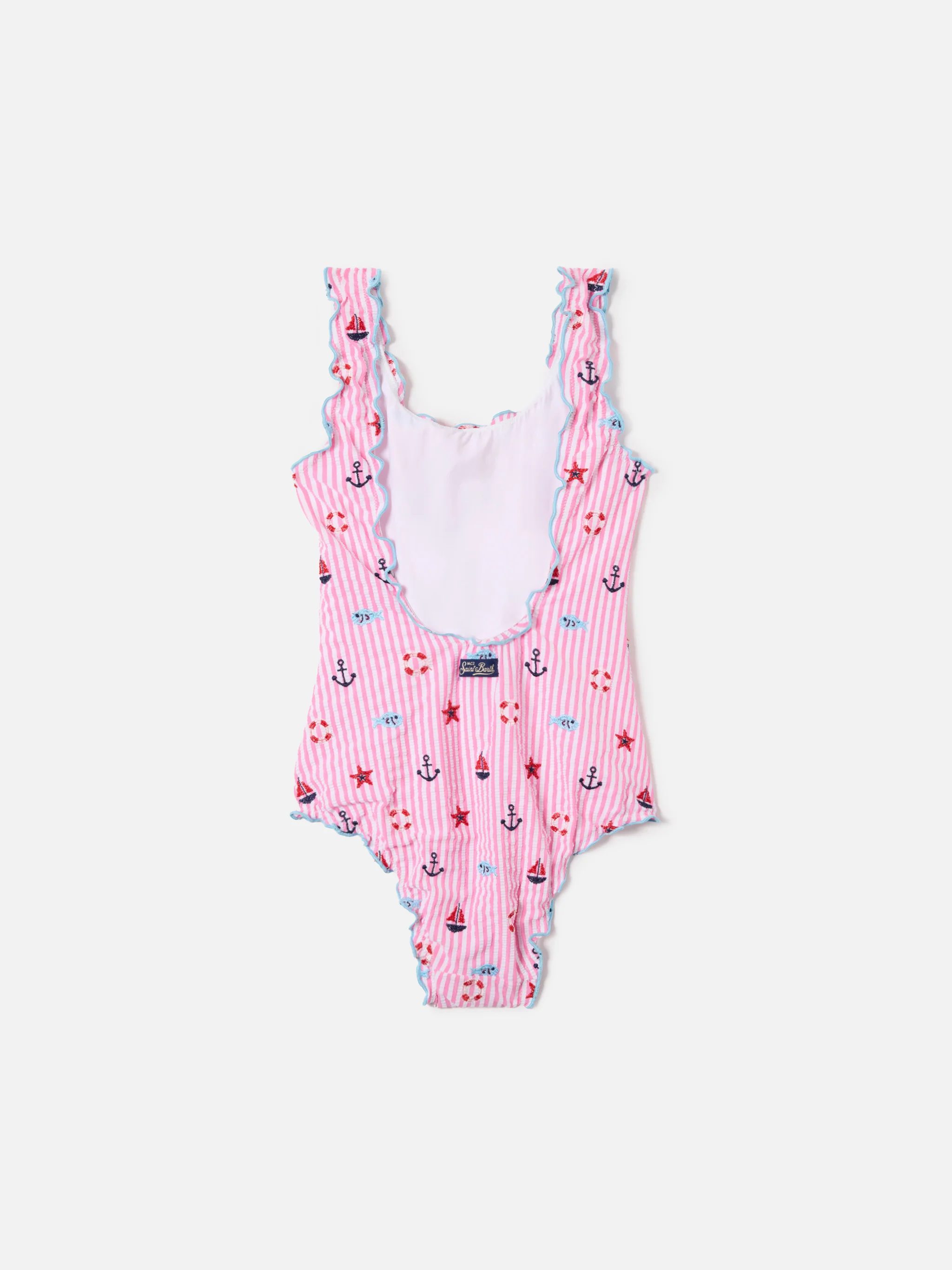 Clio one-piece swimsuit in embroidered seersucker with pink stripes - Image 2