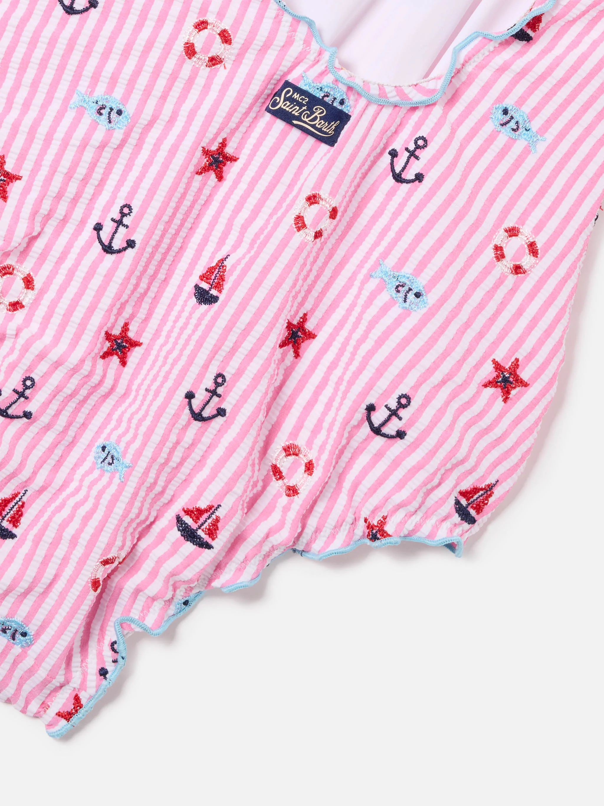 Clio one-piece swimsuit in embroidered seersucker with pink stripes - Image 3