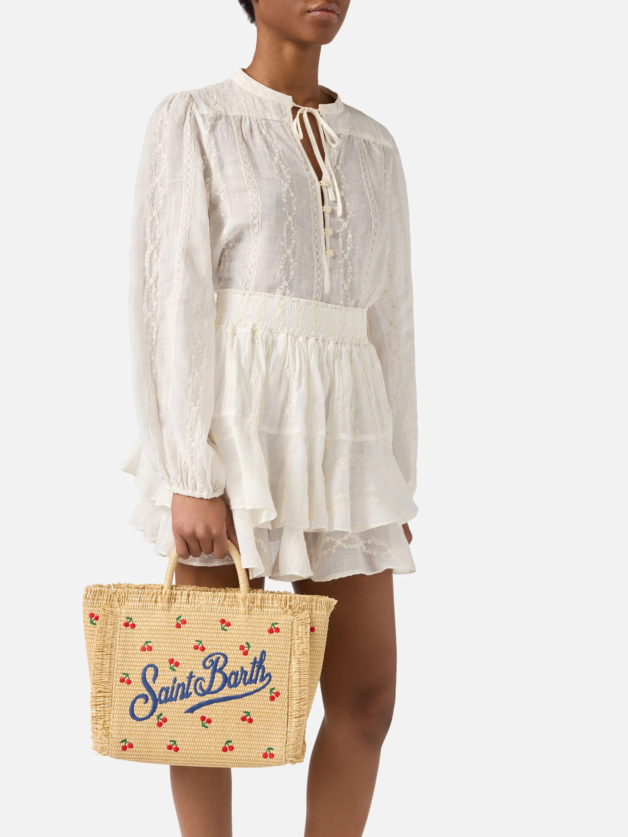 Colette bag in straw effect fabric with cherry embroidery - Image 2