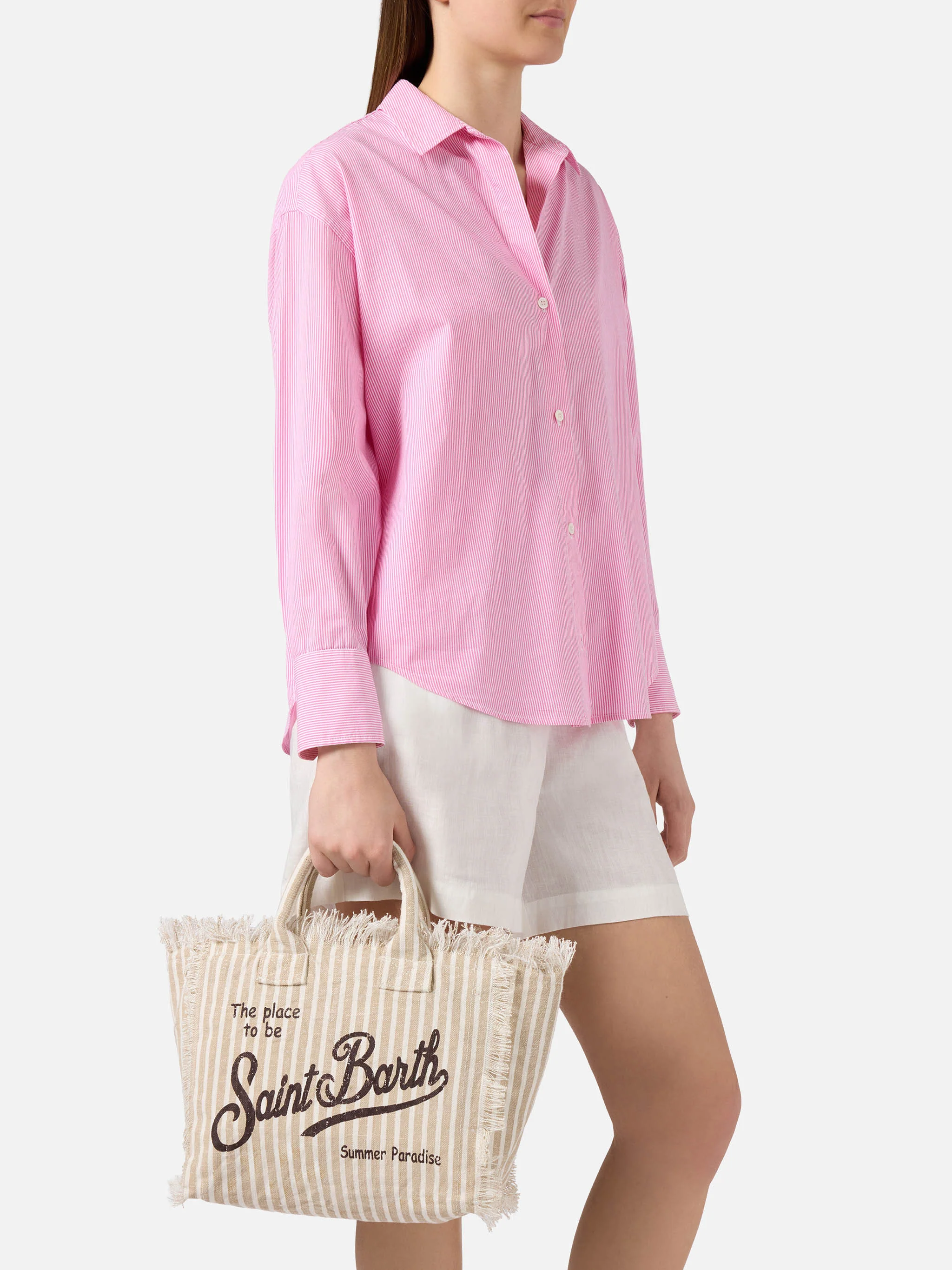 Colette linen striped bag in beige and white - Image 2