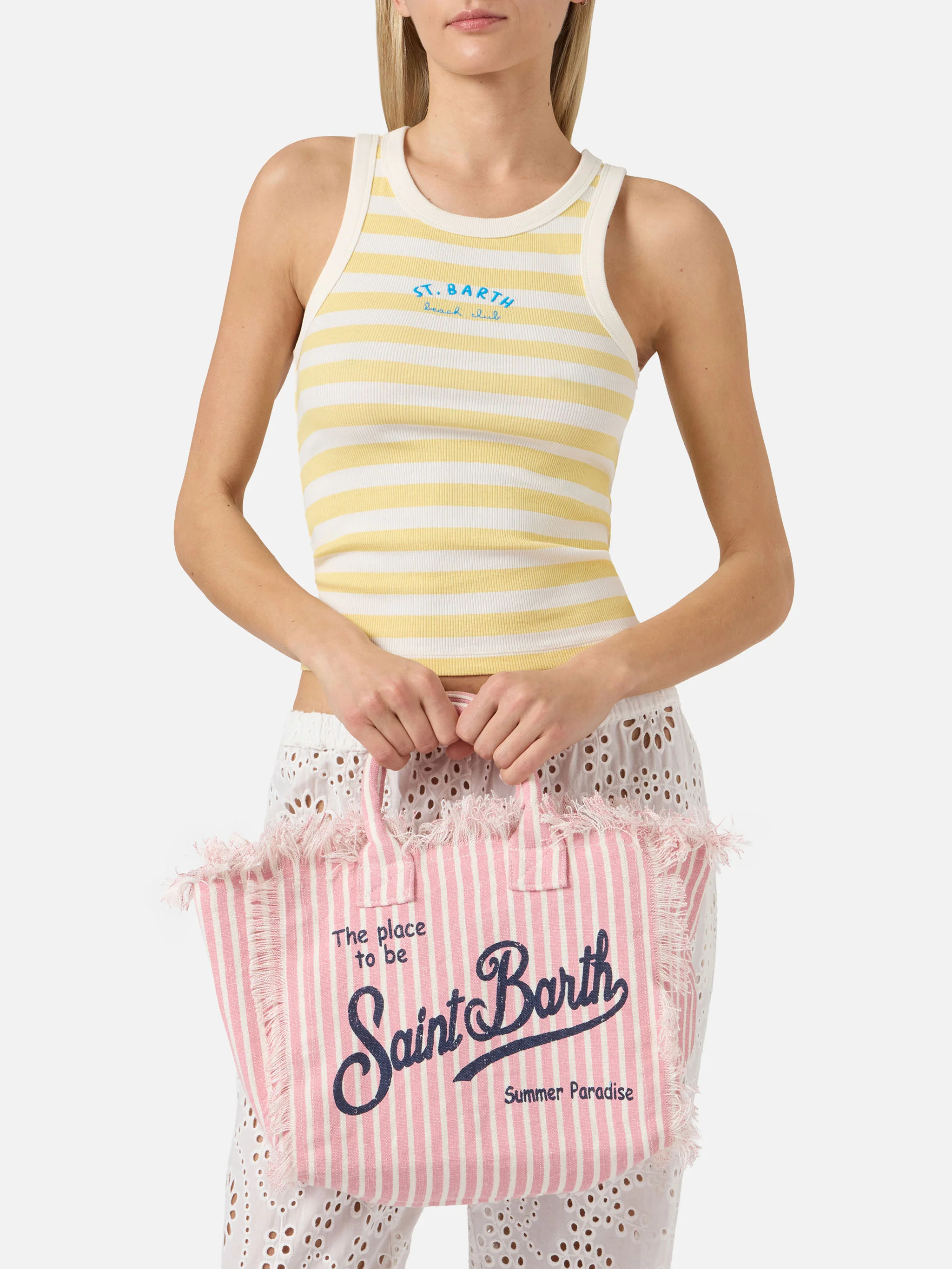 Colette linen striped bag in pink and white - Image 2