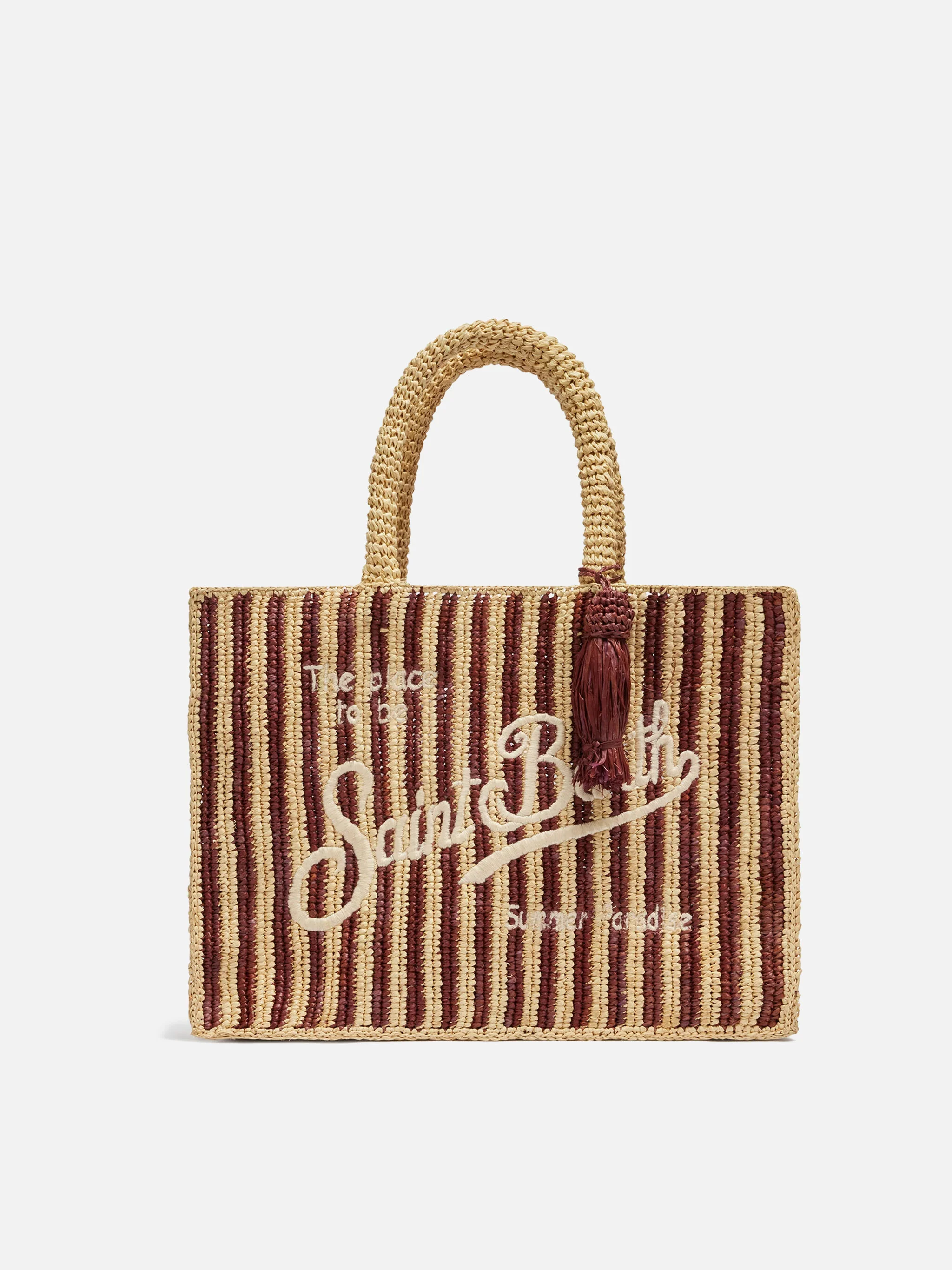 Colette Raffia brown striped handbag with logo embroidery