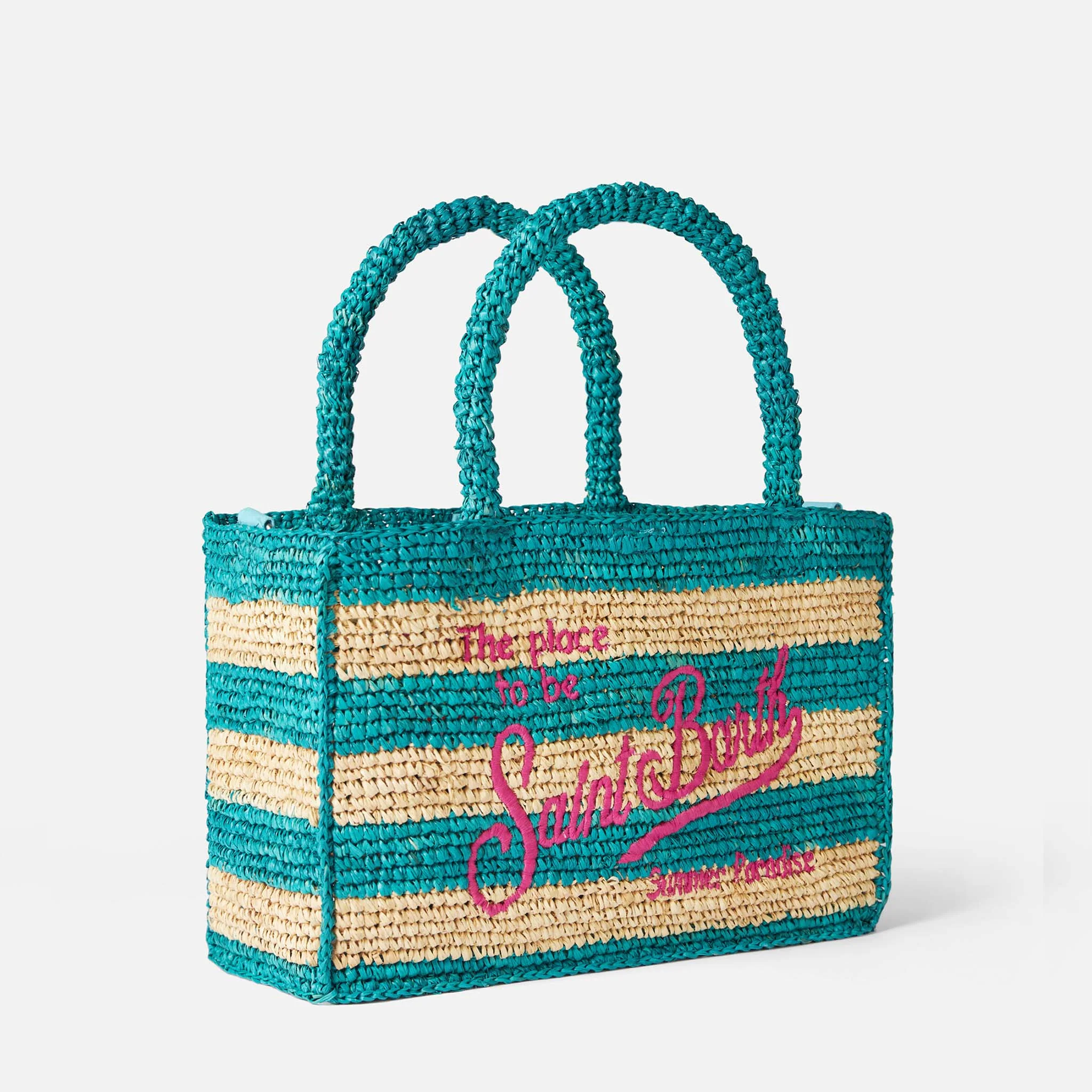 Colette raffia handbag with white and bluette stripes - Image 4