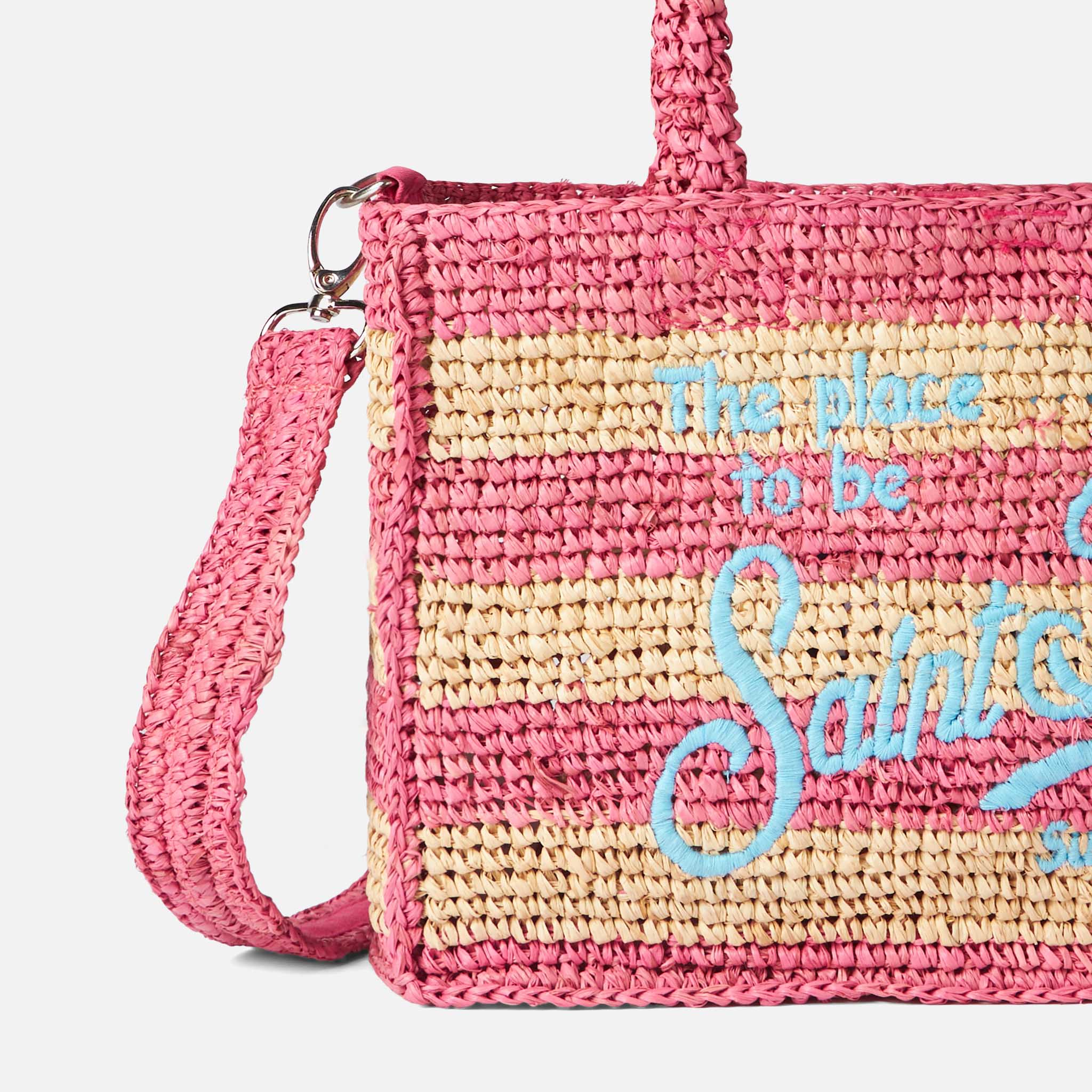 Colette raffia handbag with white and pink stripes - Image 2