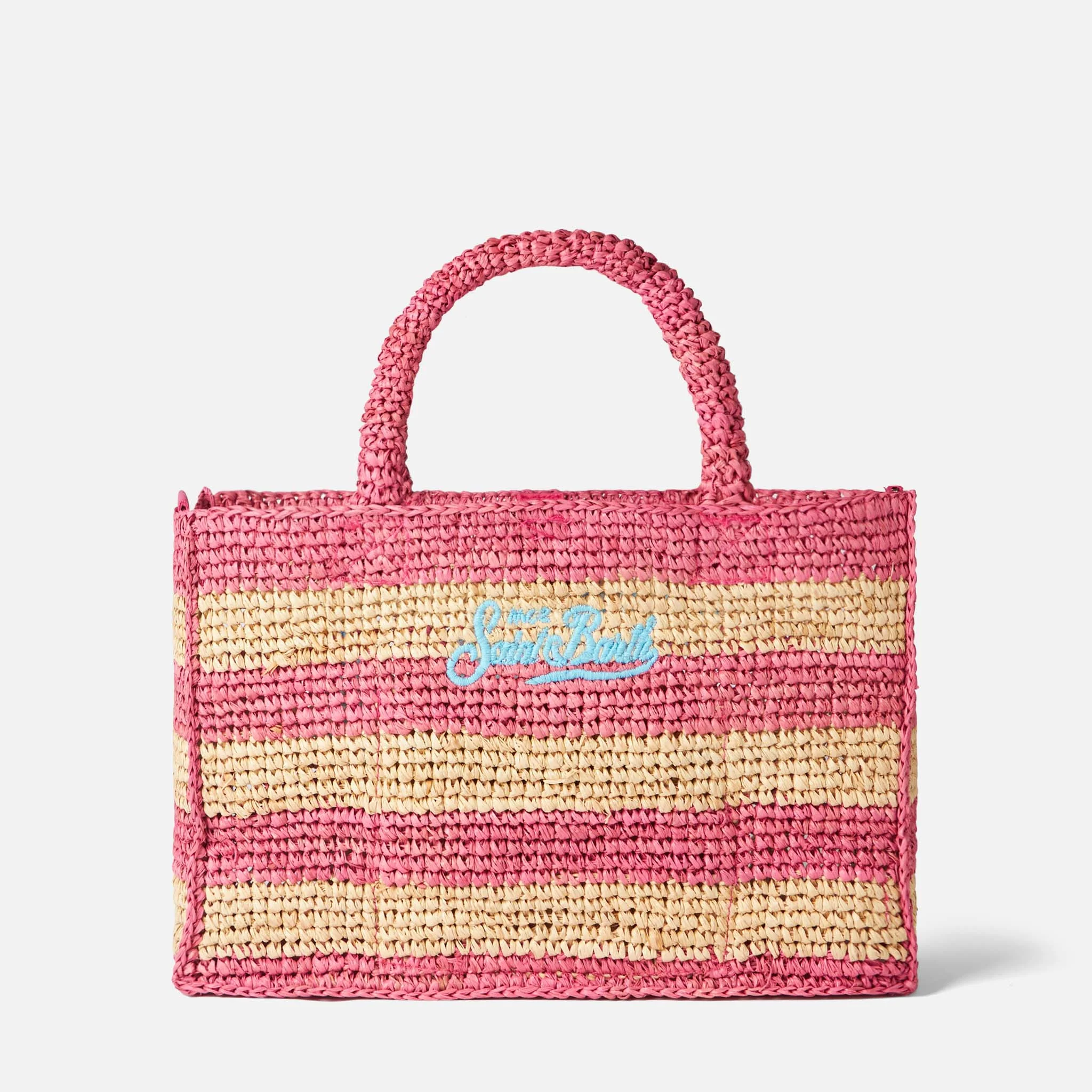 Colette raffia handbag with white and pink stripes - Image 3