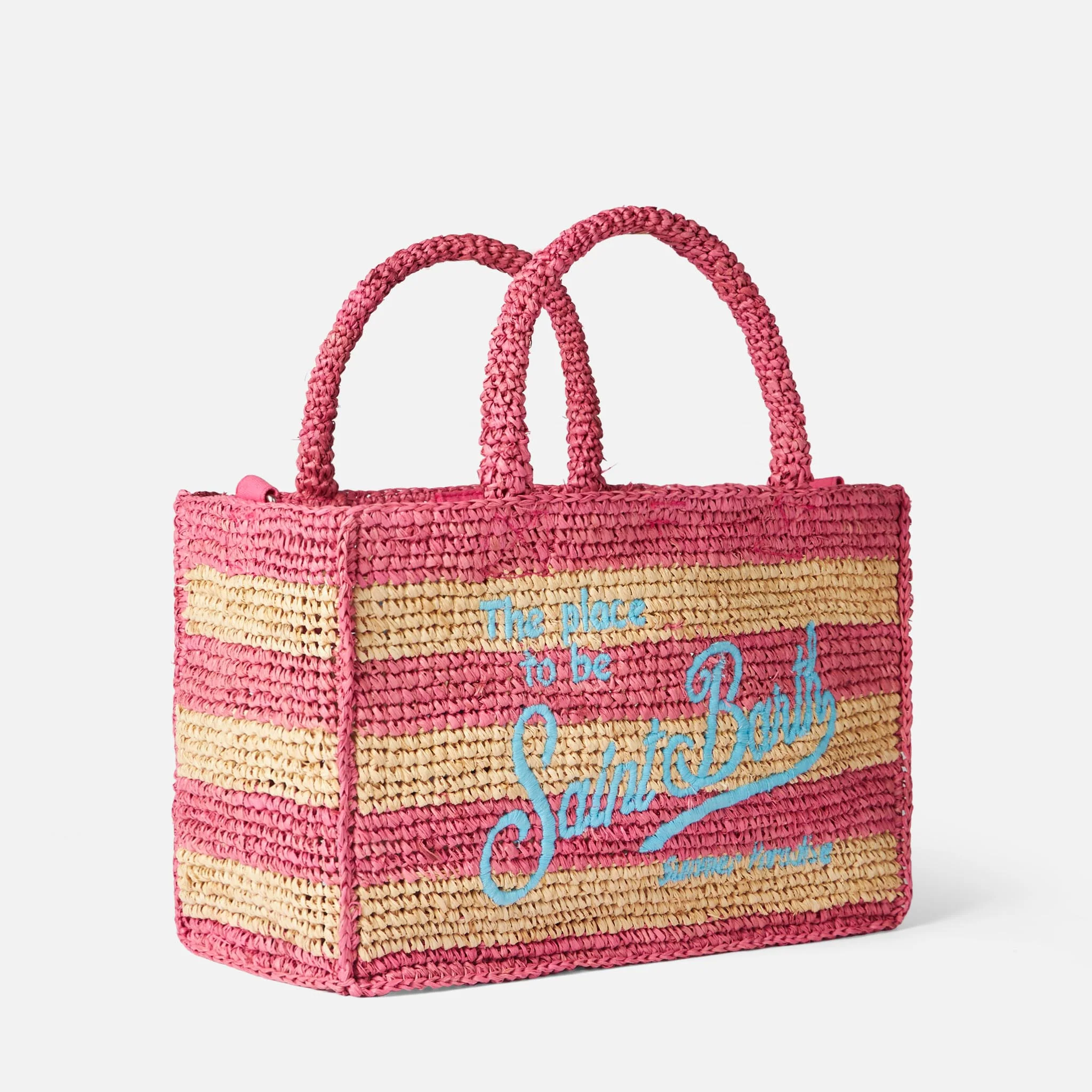 Colette raffia handbag with white and pink stripes - Image 4