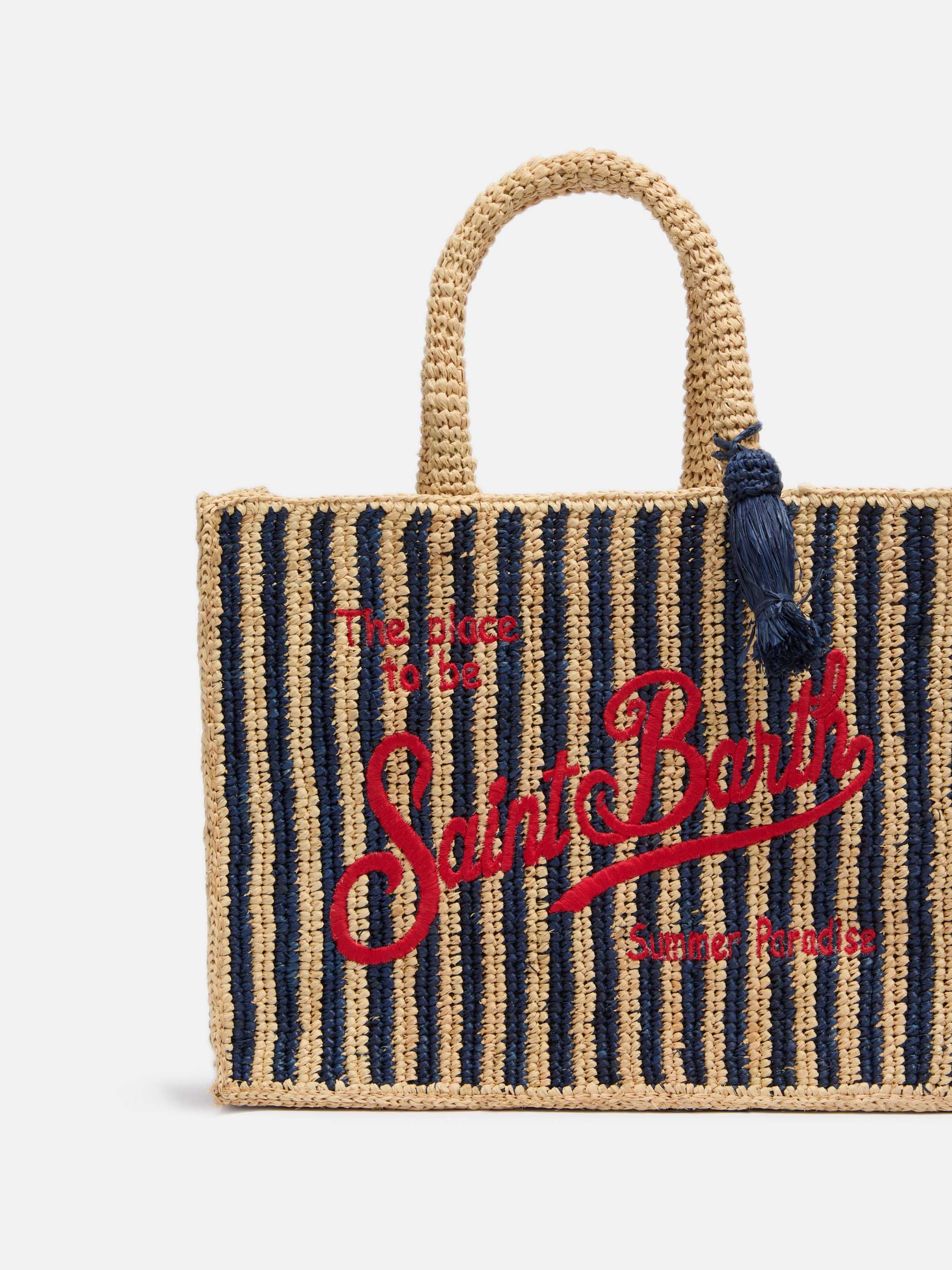 Colette Raffia navy blue striped handbag with logo  embroidery - Image 3
