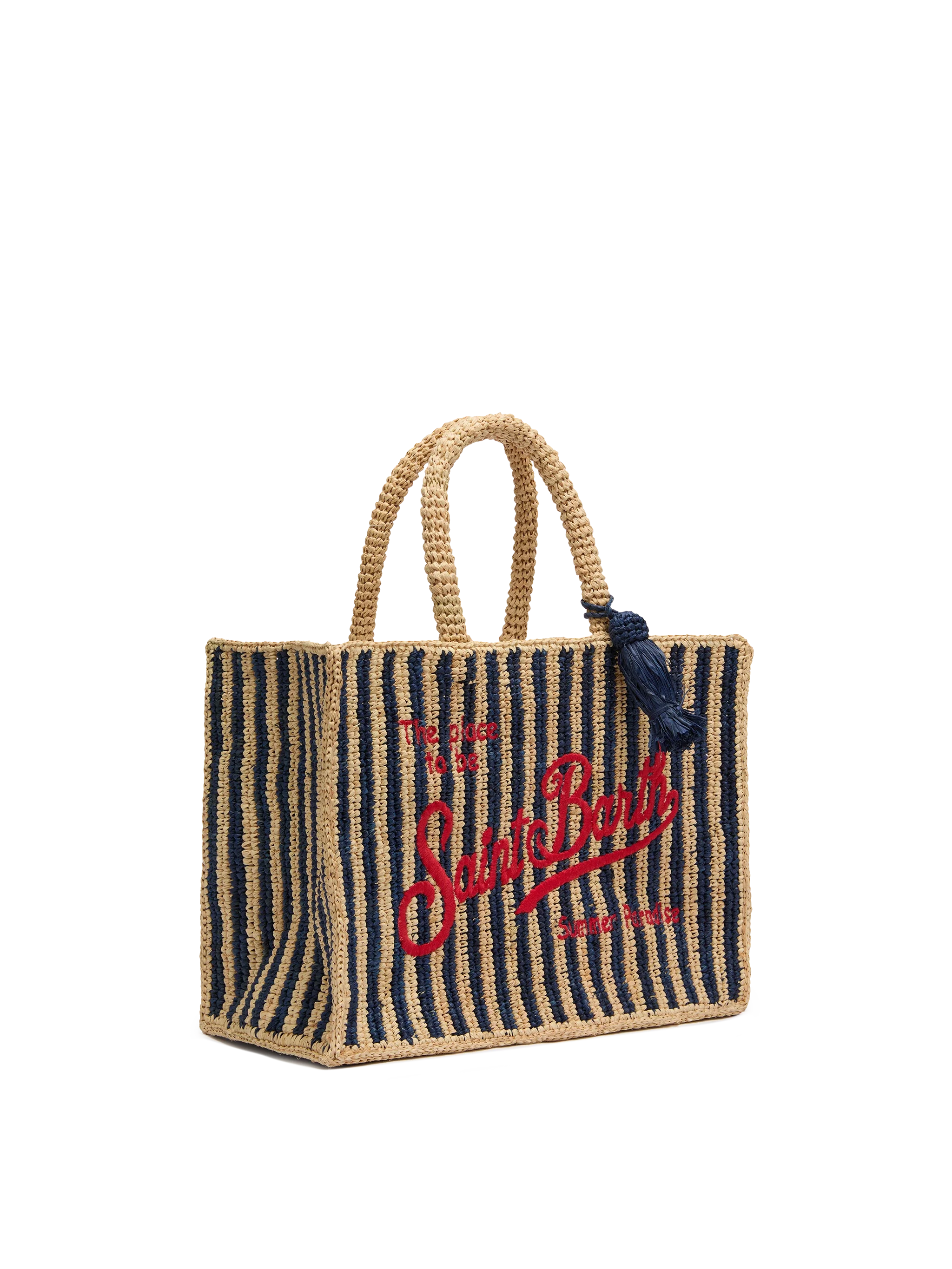 Colette Raffia navy blue striped handbag with logo  embroidery - Image 4
