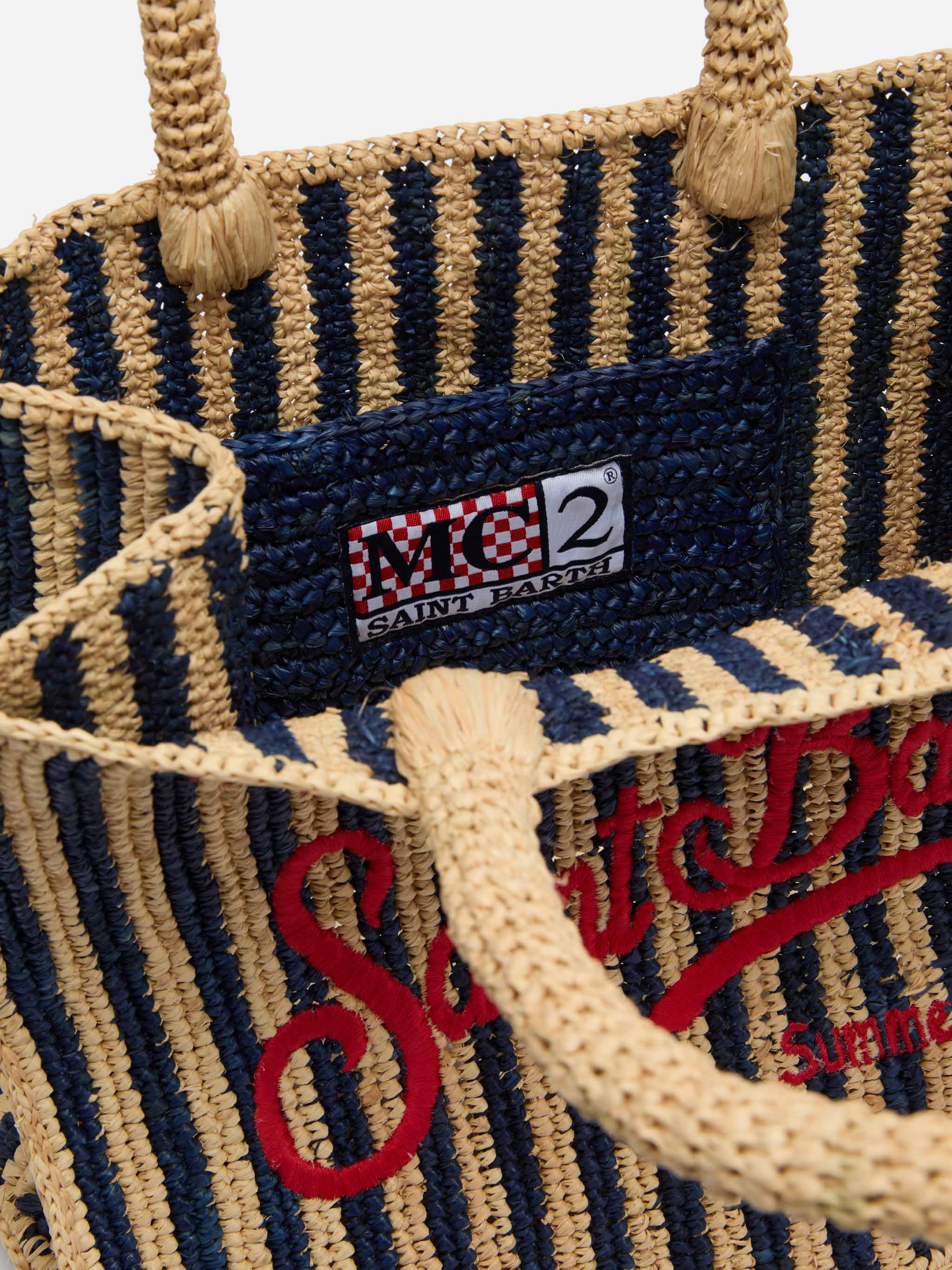 Colette Raffia navy blue striped handbag with logo  embroidery - Image 6