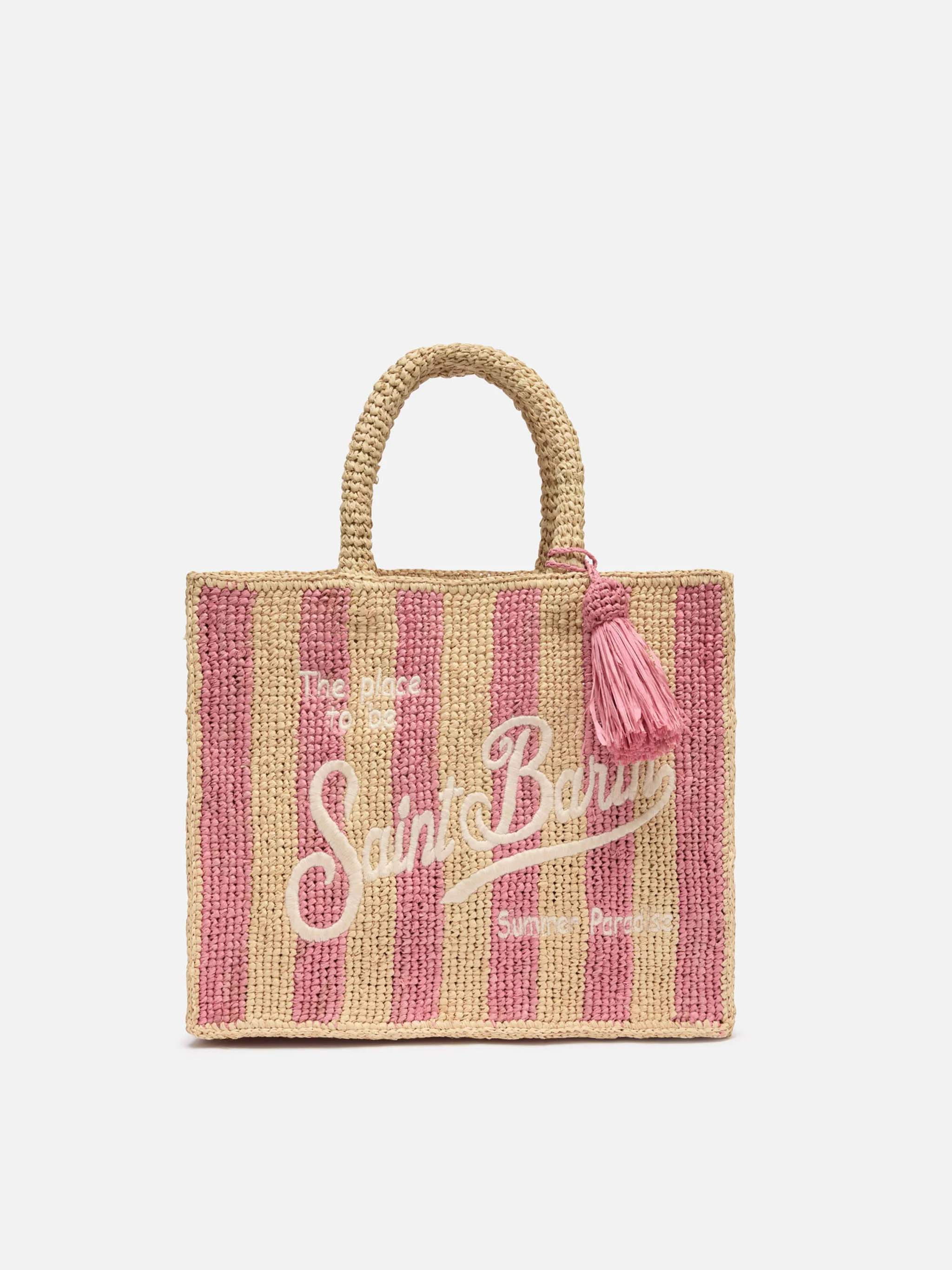 Colette Raffia pink striped handbag with logo embroidery