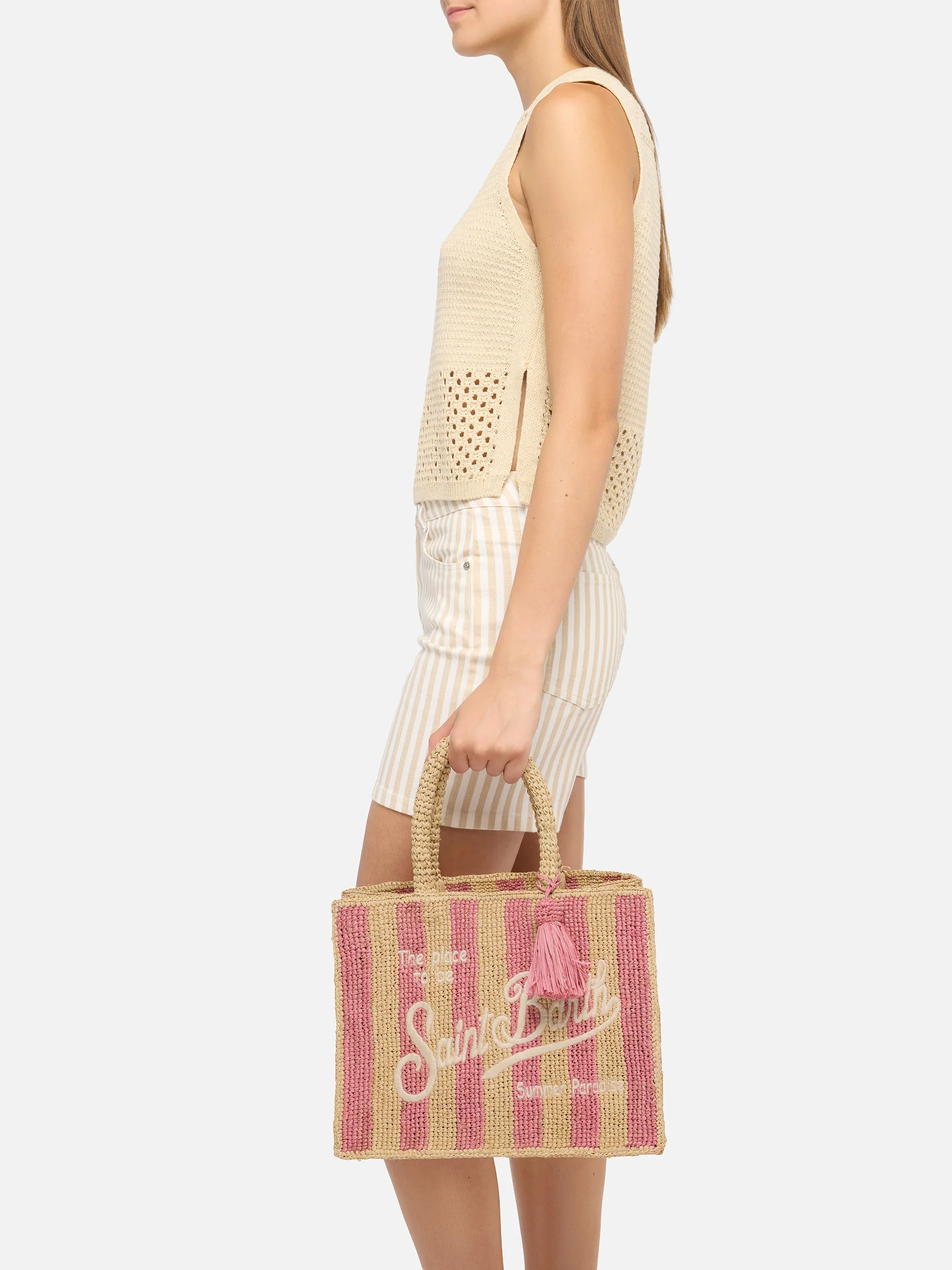 Colette Raffia pink striped handbag with logo embroidery - Image 2