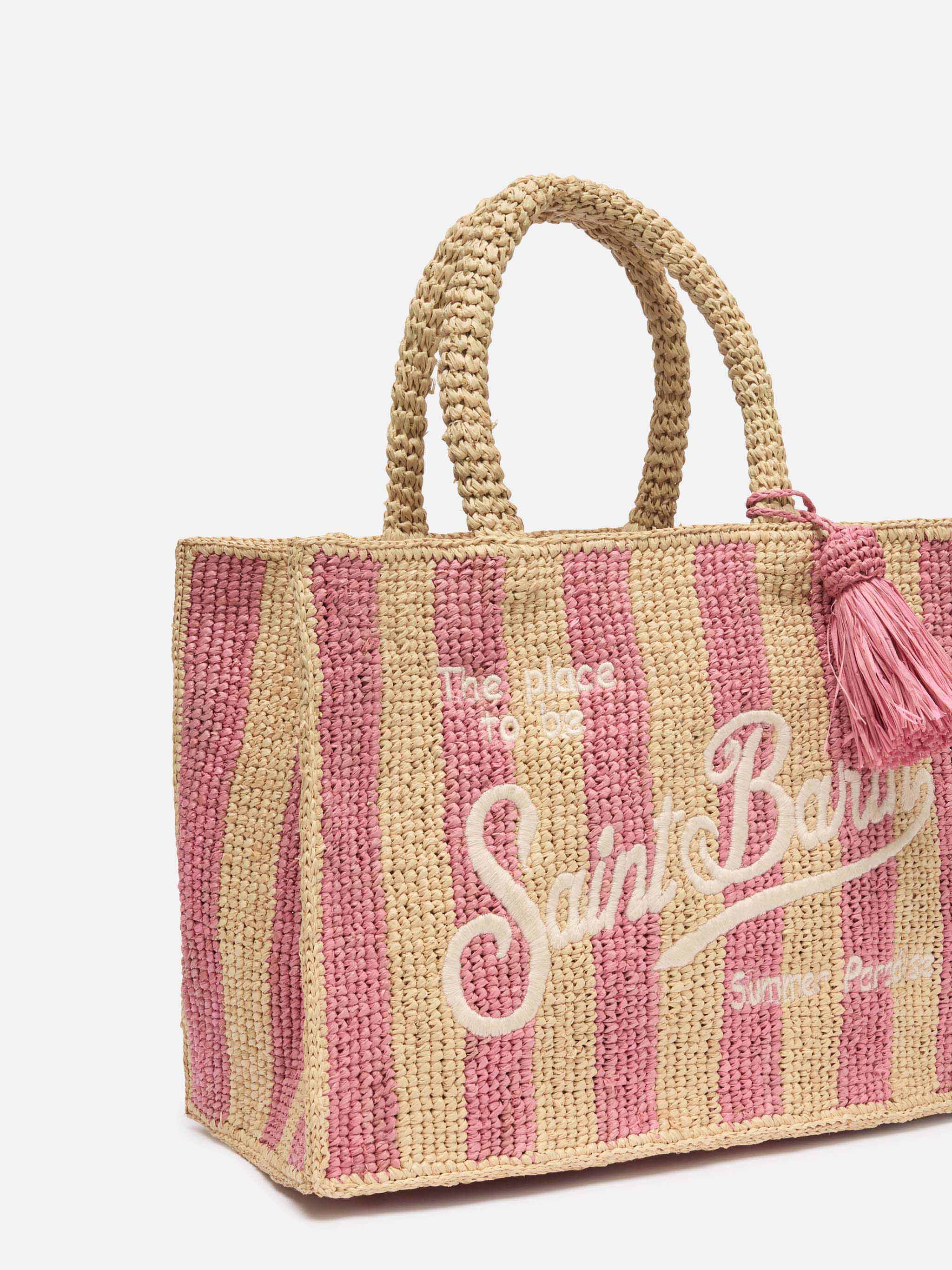 Colette Raffia pink striped handbag with logo embroidery - Image 3