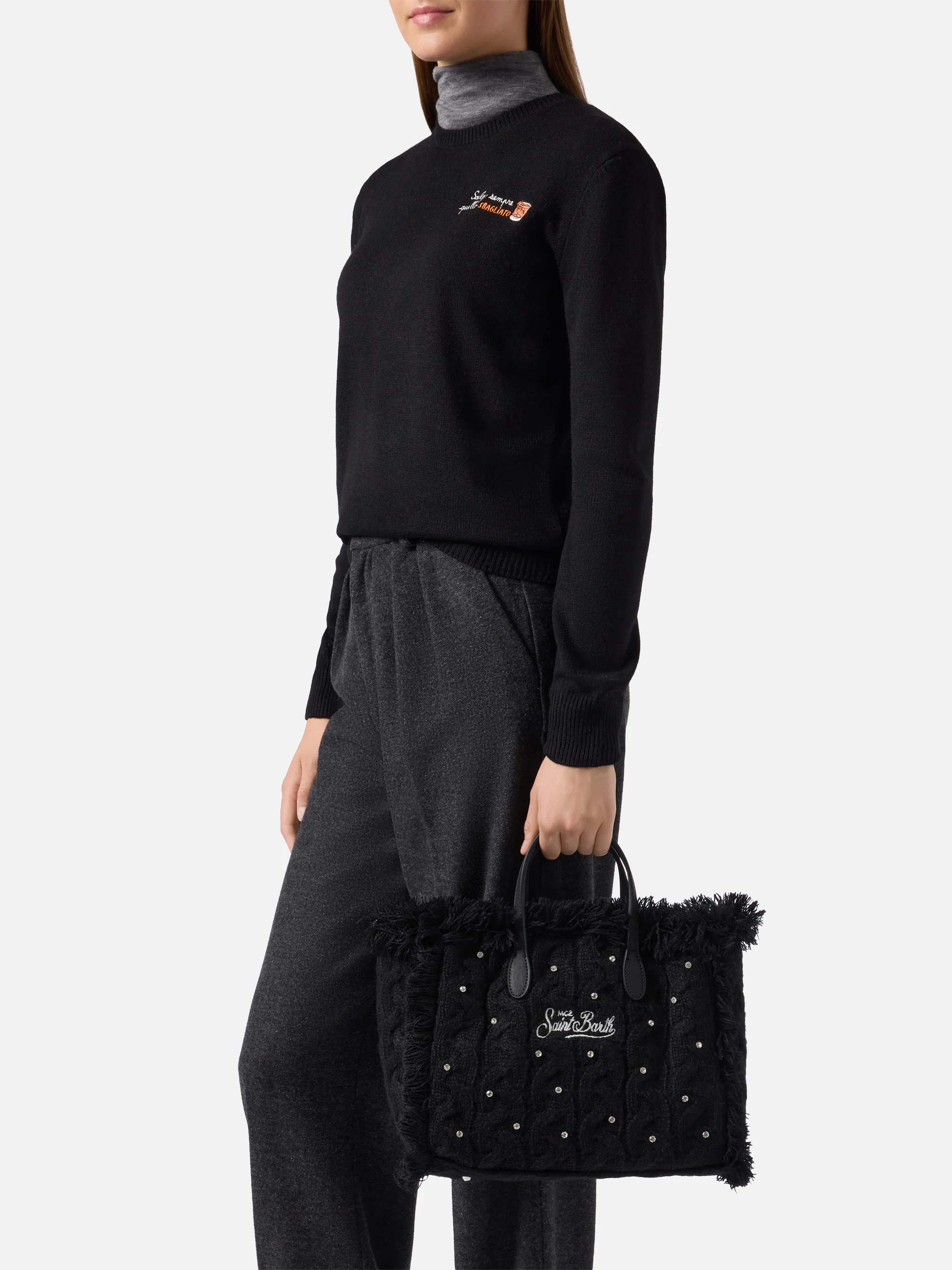 Colette Wool Braid Handbag in black braided wool blend with rhinestones - Image 2