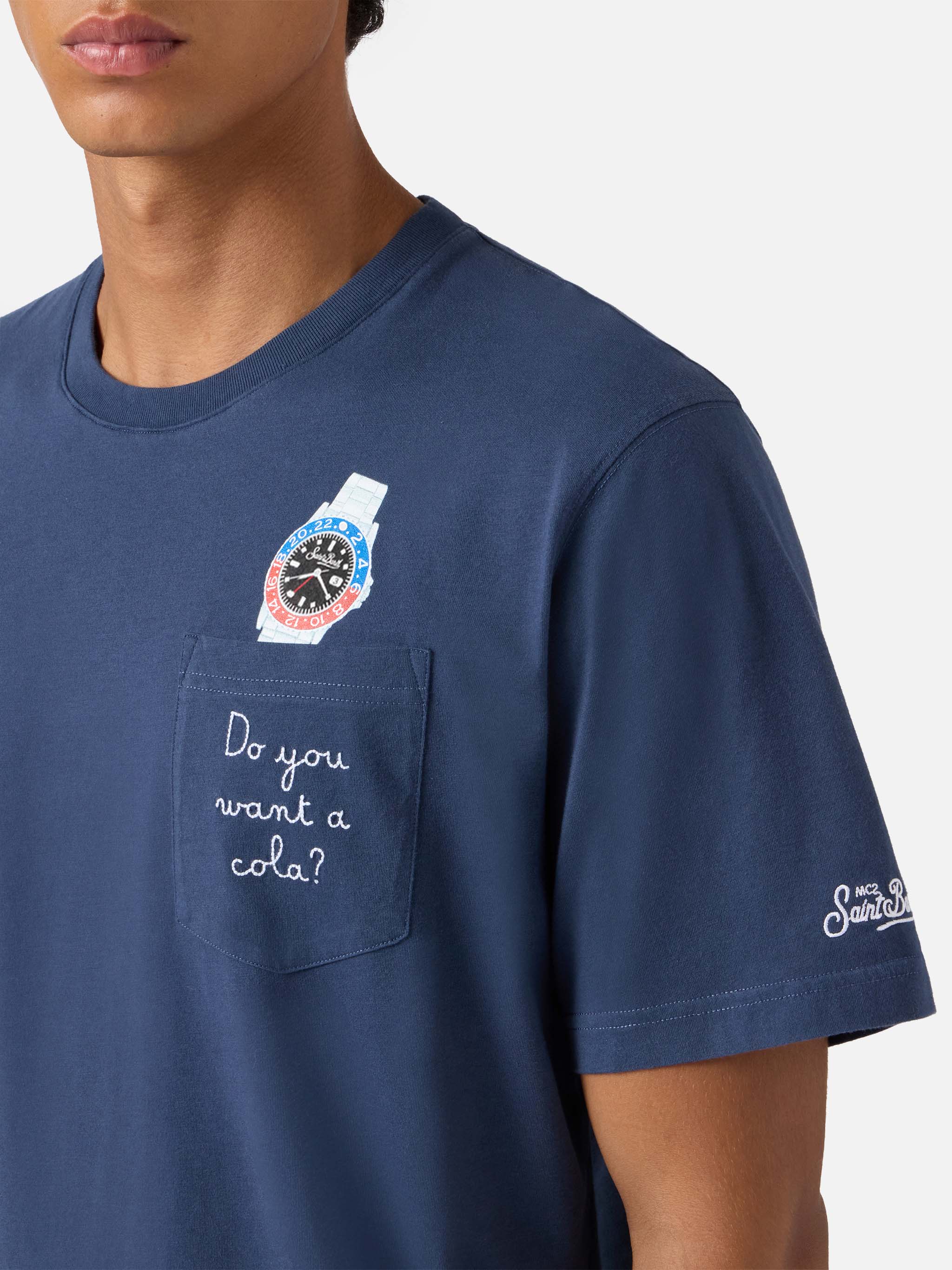 Connor cotton T-shirt in blue with Do you want a cola? pocket embroidery - Image 2