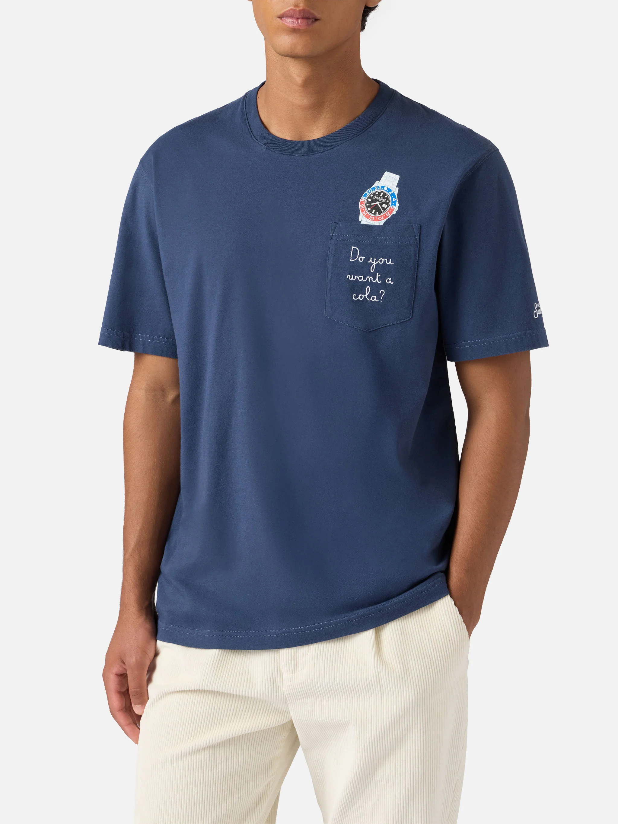 Connor cotton T-shirt in blue with Do you want a cola? pocket embroidery - Image 3