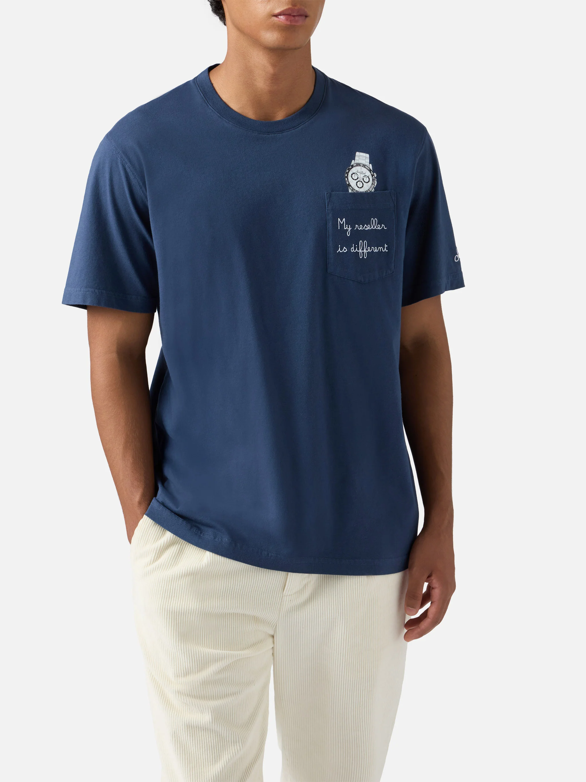 Connor cotton T-shirt in blue with My reseller is different pocket embroidery - Image 2