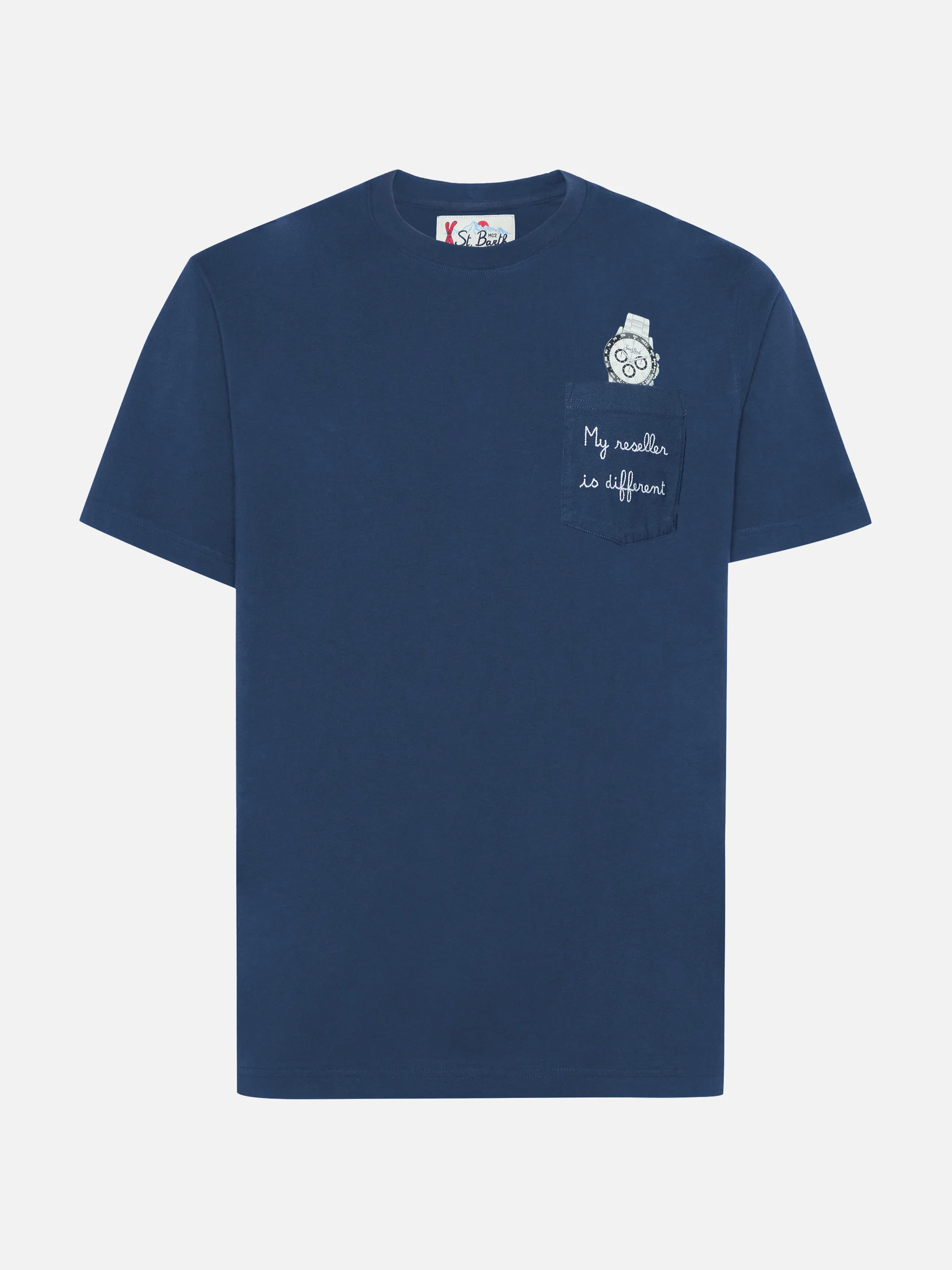 Connor cotton T-shirt in blue with My reseller is different pocket embroidery - Image 4