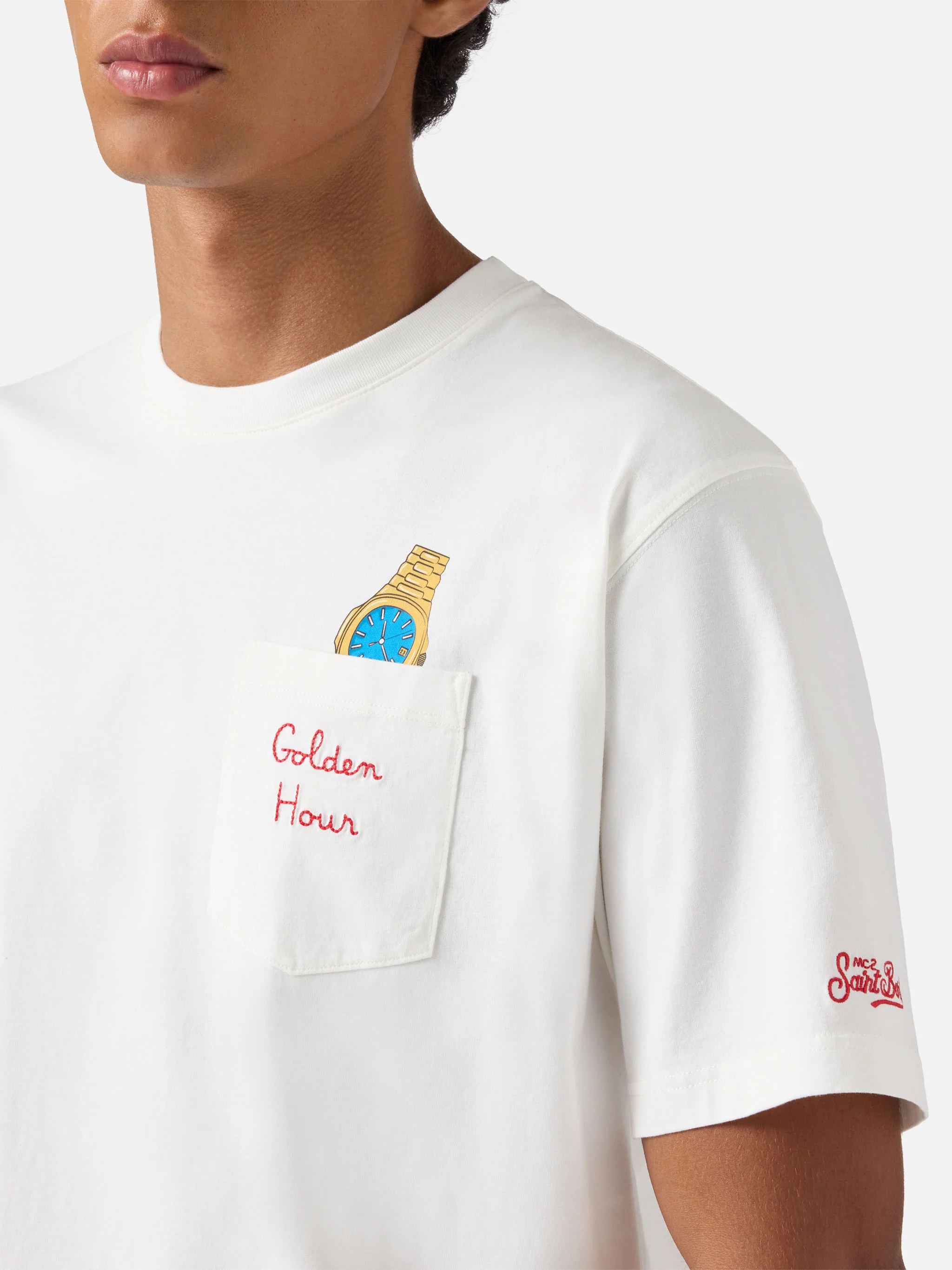 Connor cotton T-shirt in white with Golden hour pocket embroidery - Image 2