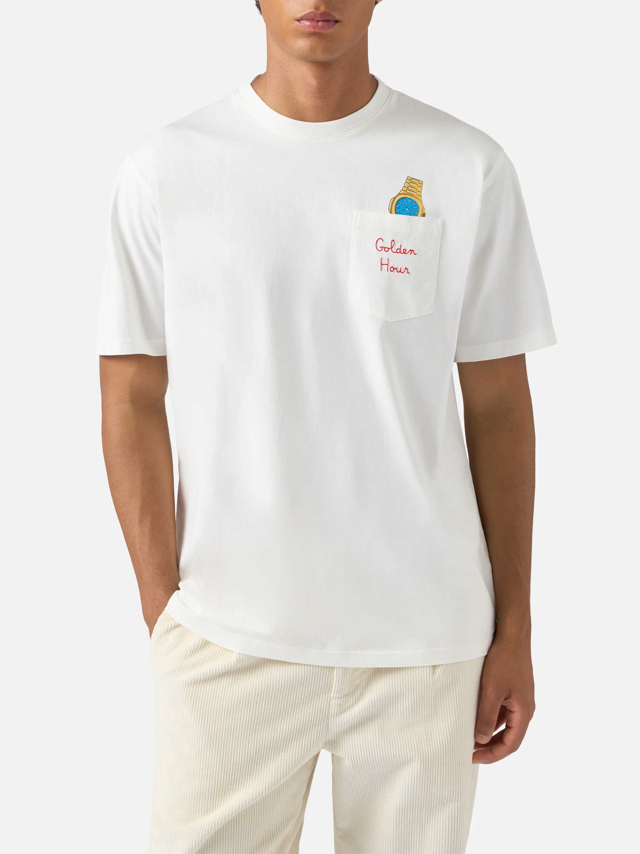 Connor cotton T-shirt in white with Golden hour pocket embroidery - Image 3
