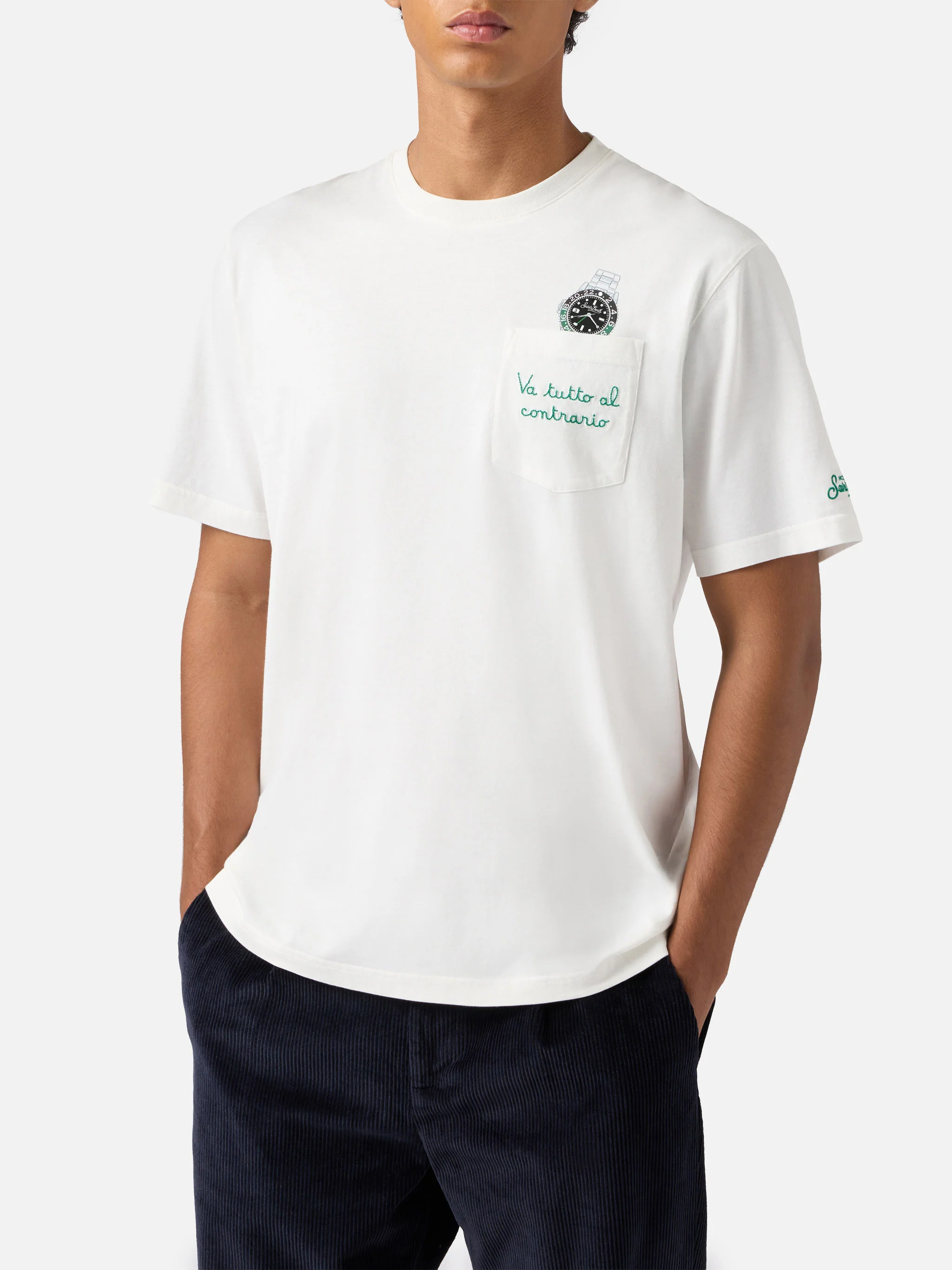 Connor cotton T-shirt in white with Va tutto al contrario pocket embroidery - Image 2