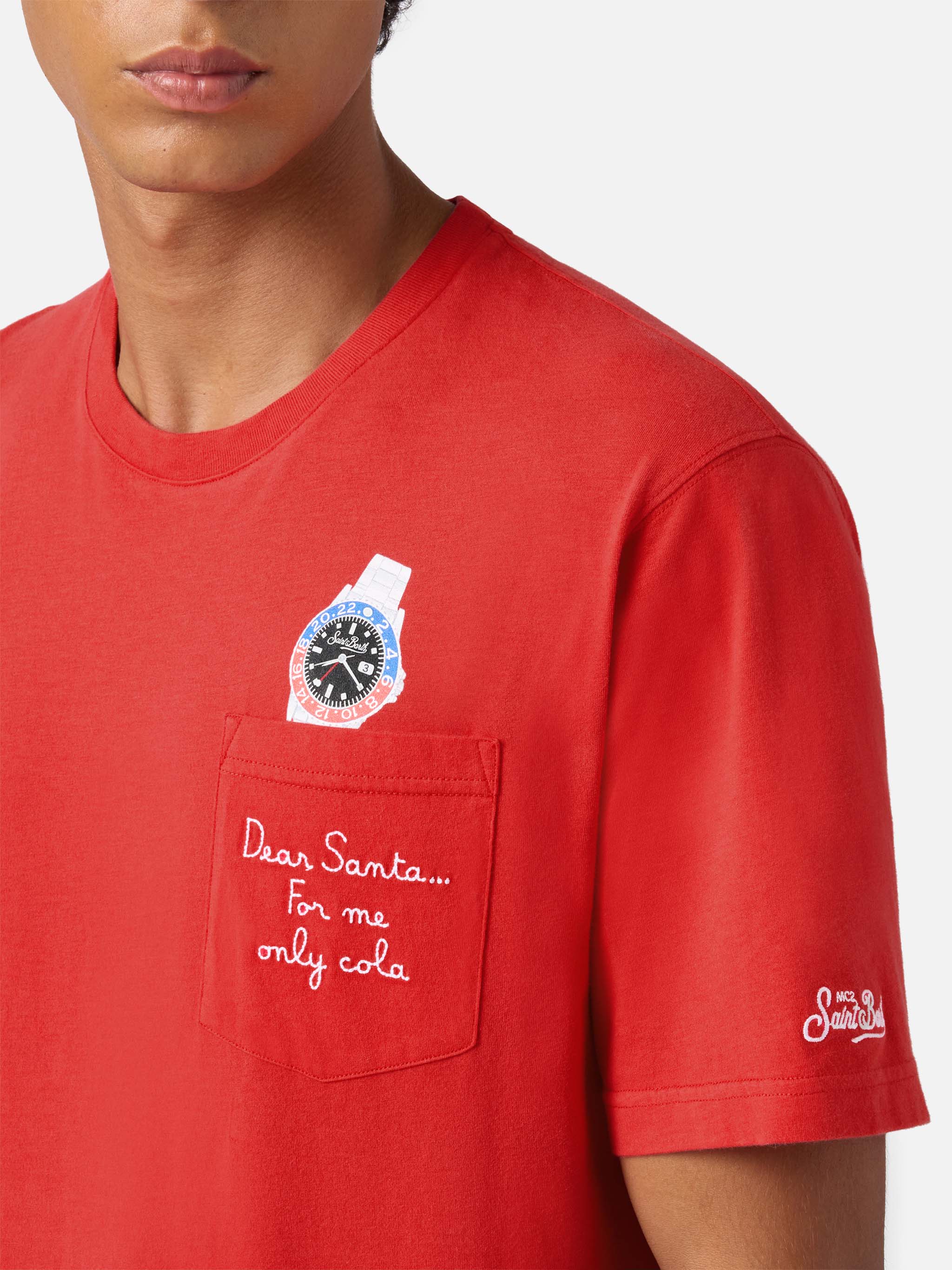 Connor winter cotton T-shirt in red with Dear Santa... pocket embroidery - Image 2