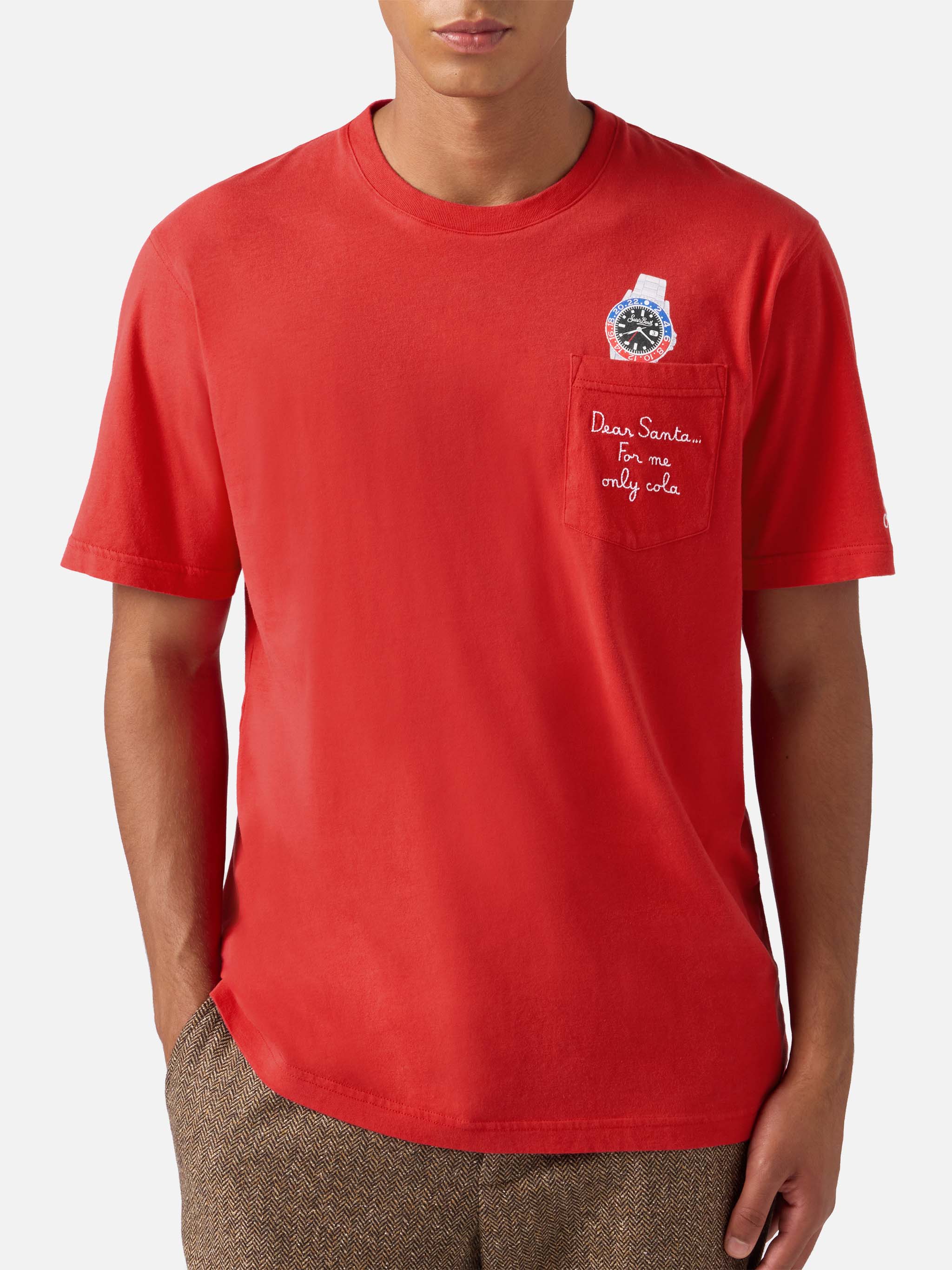 Connor winter cotton T-shirt in red with Dear Santa... pocket embroidery - Image 3