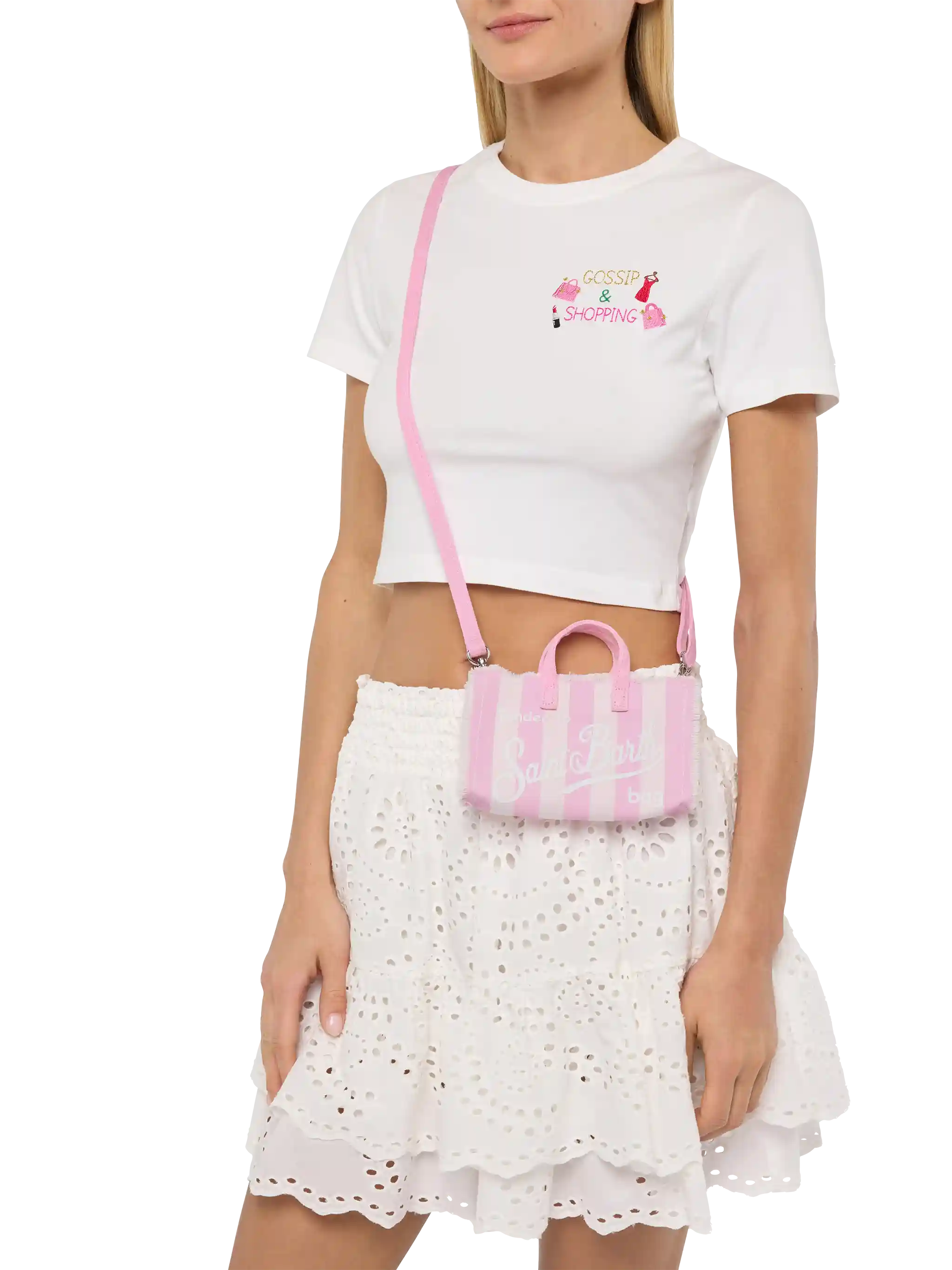 Cotton canvas Phone Bag with pink striped print - Image 2