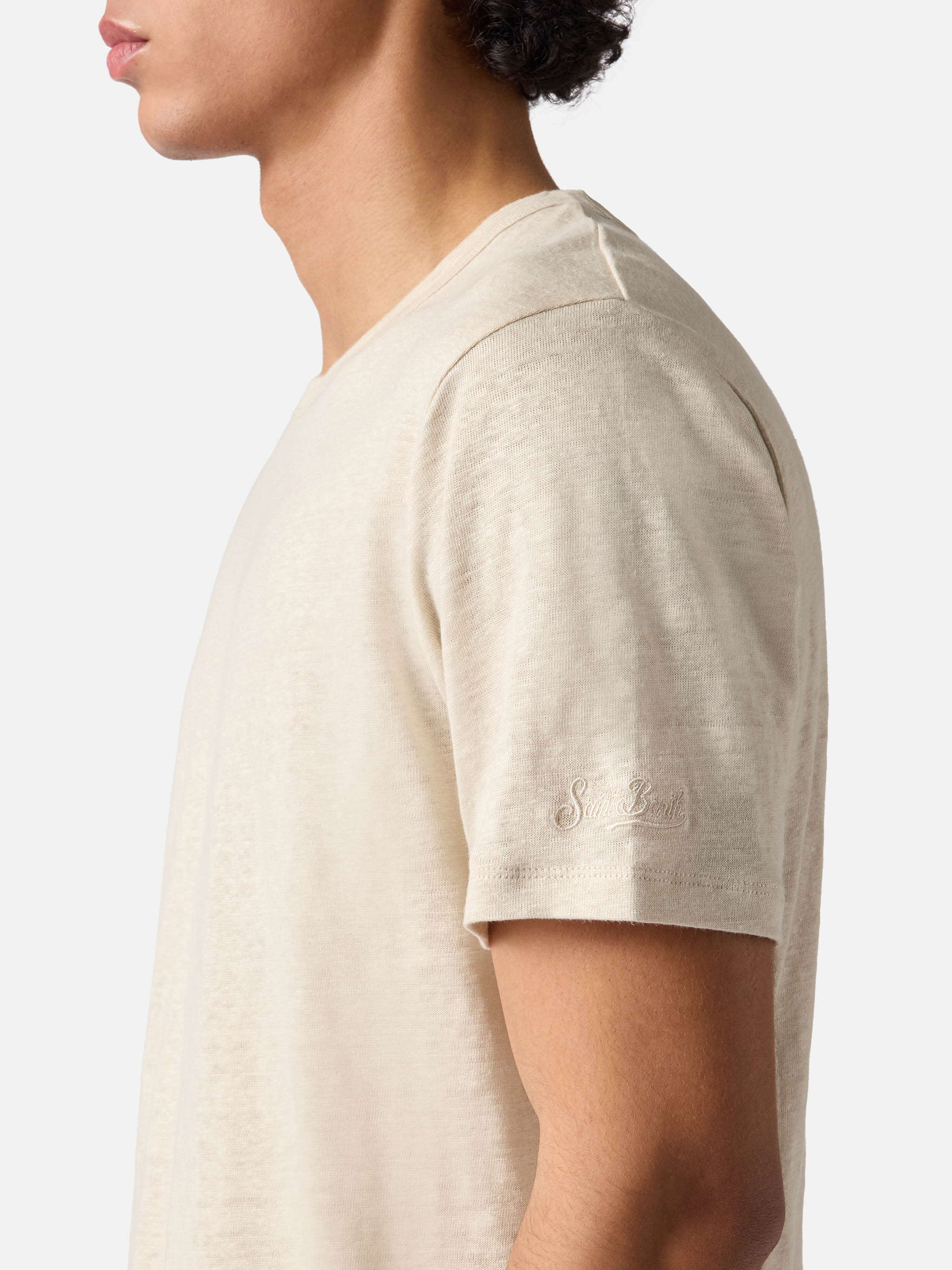 Cream Ecstasea pure linen t-shirt with logo embroidery - Image 3